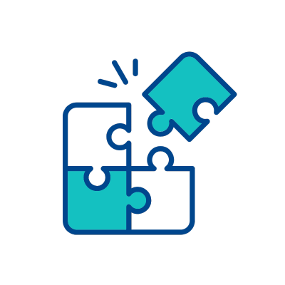 A blue puzzle piece being placed into a matching puzzle, with other connected puzzle pieces, symbolizing problem solving or teamwork.