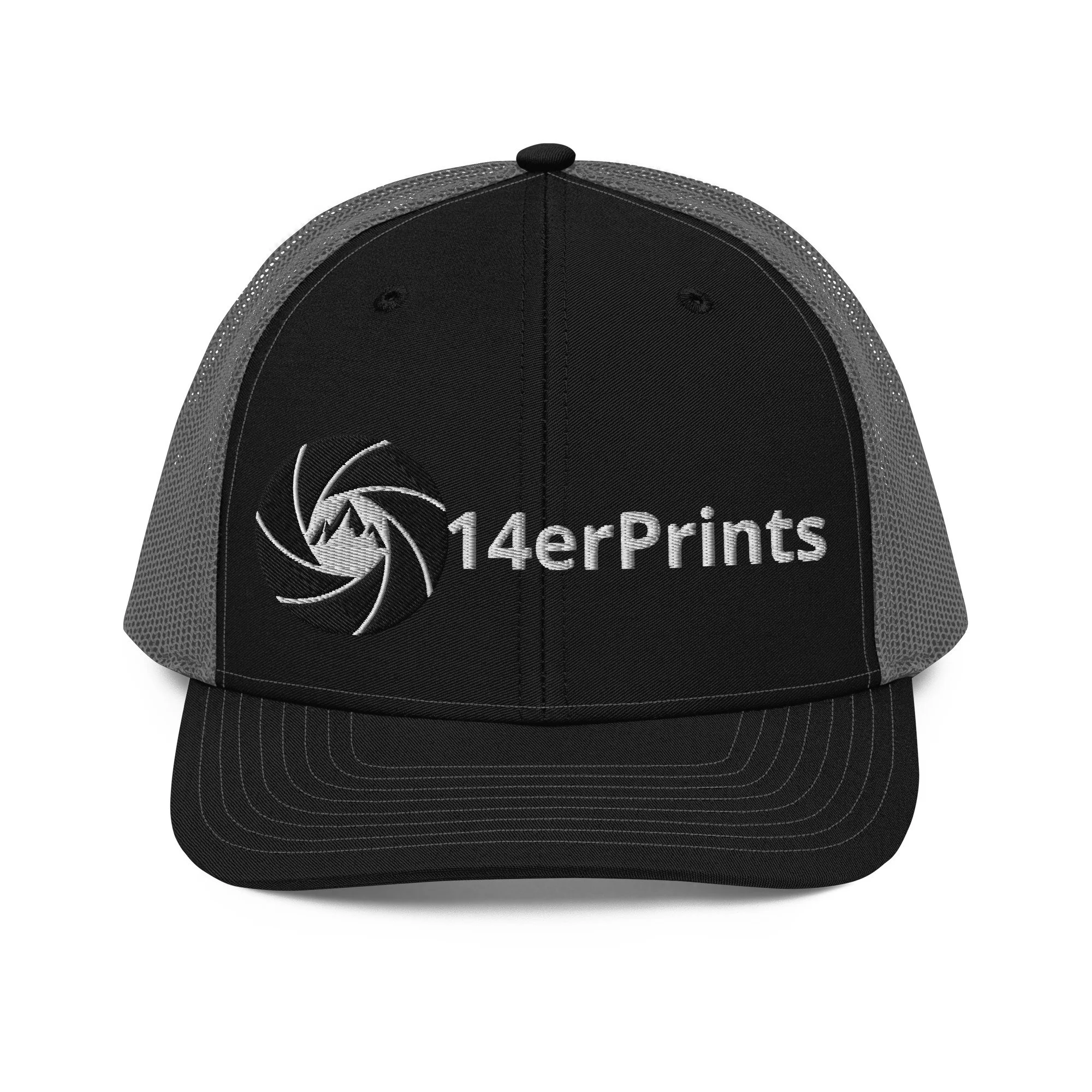 14erprints embroidered logo trucker hat – black/ charcoal front