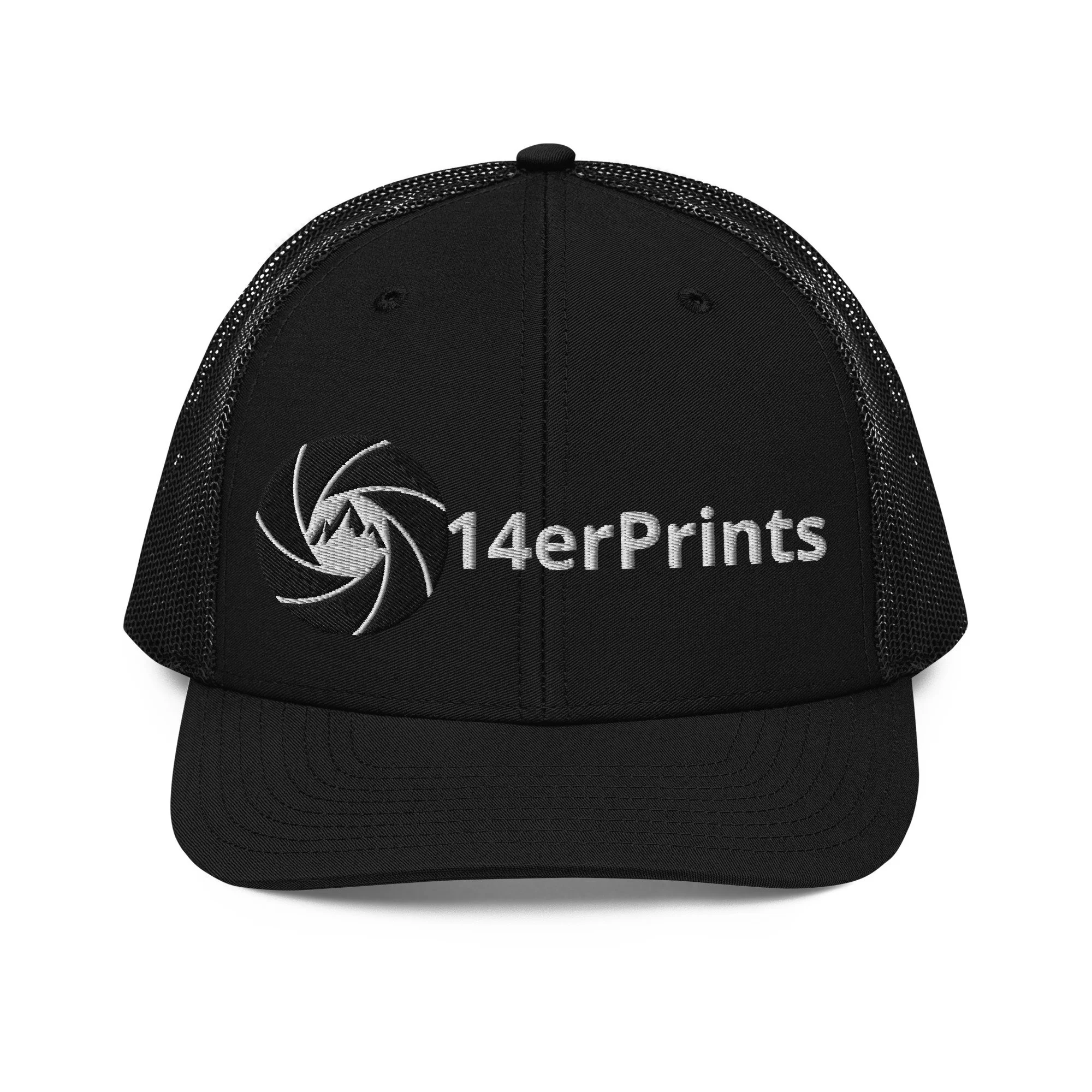 14erprints embroidered logo trucker hat – black front