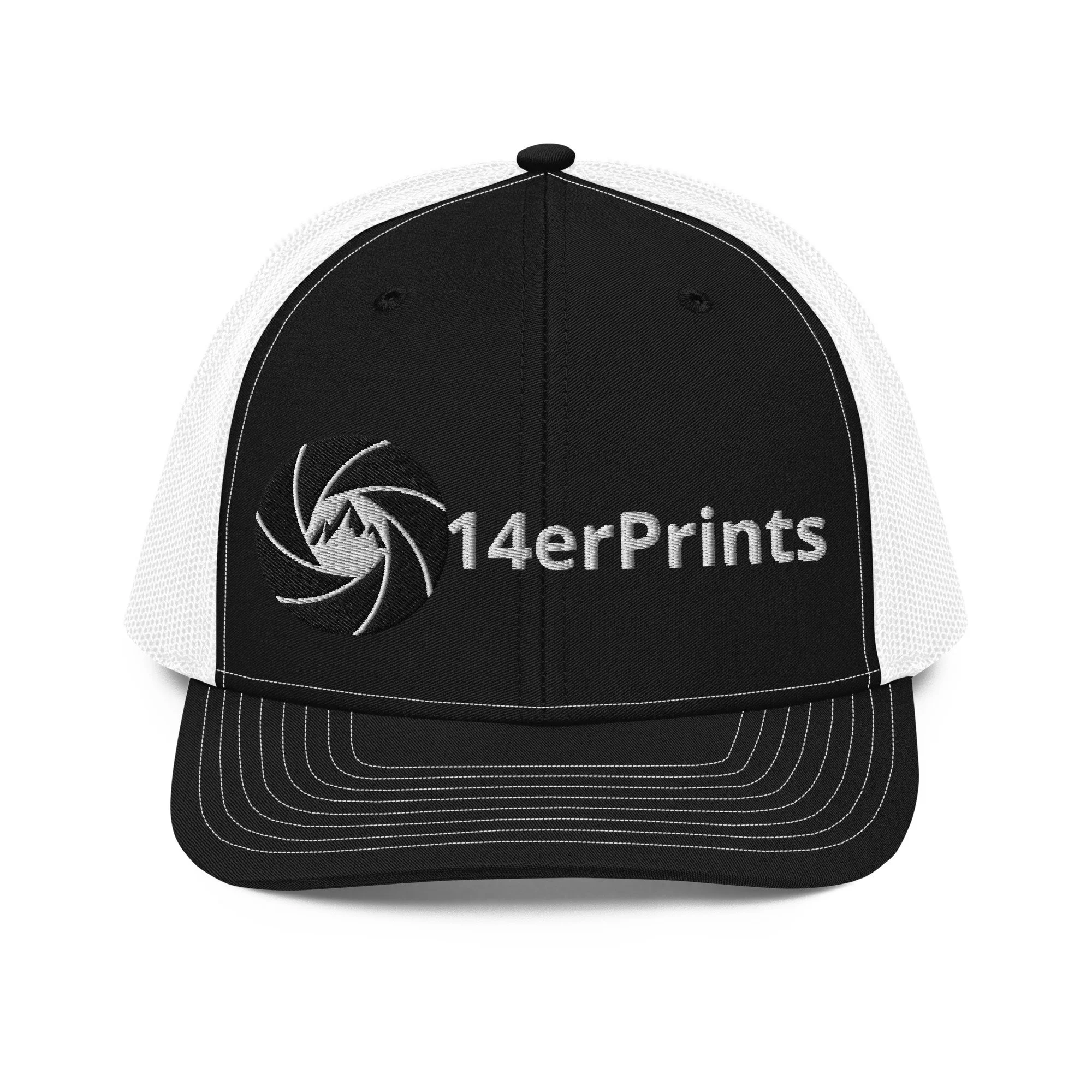 14erprints embroidered logo trucker hat – black/ white front