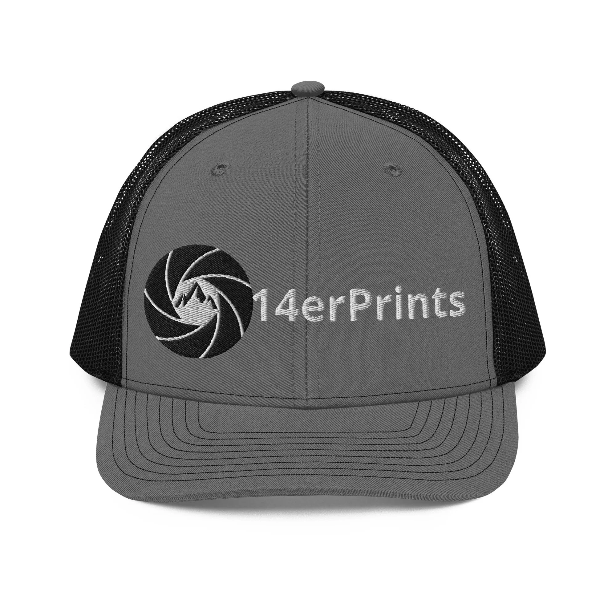 14erprints embroidered logo trucker hat – charcoal/ black front