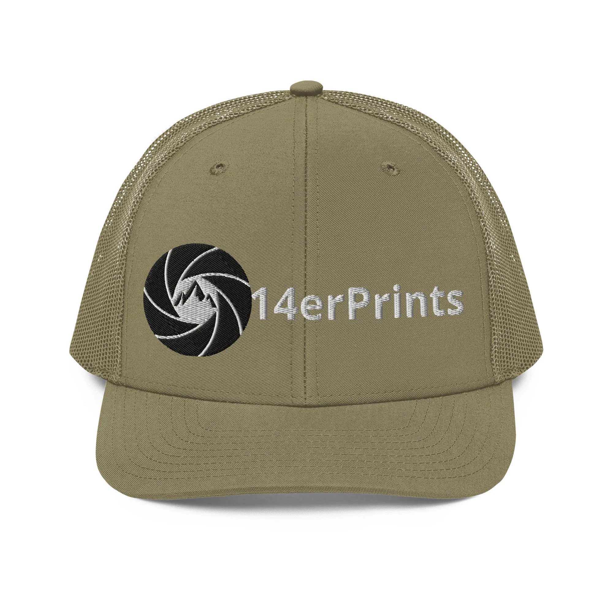 14erprints embroidered logo trucker hat – loden front