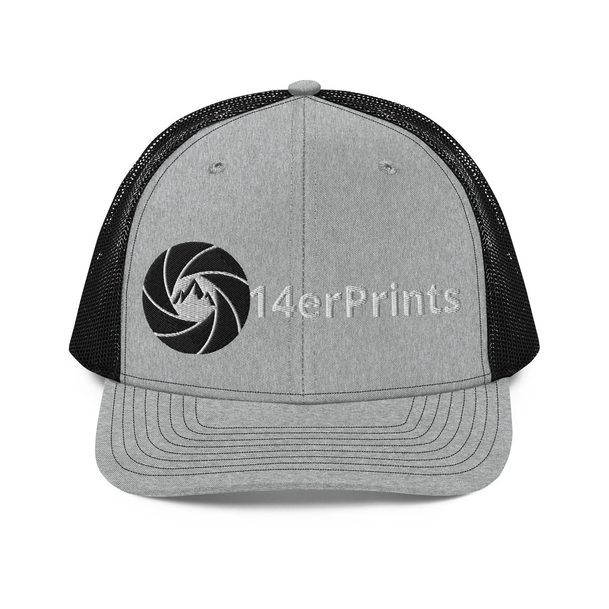 14erprints embroidered logo trucker hat – heather gray/ black front