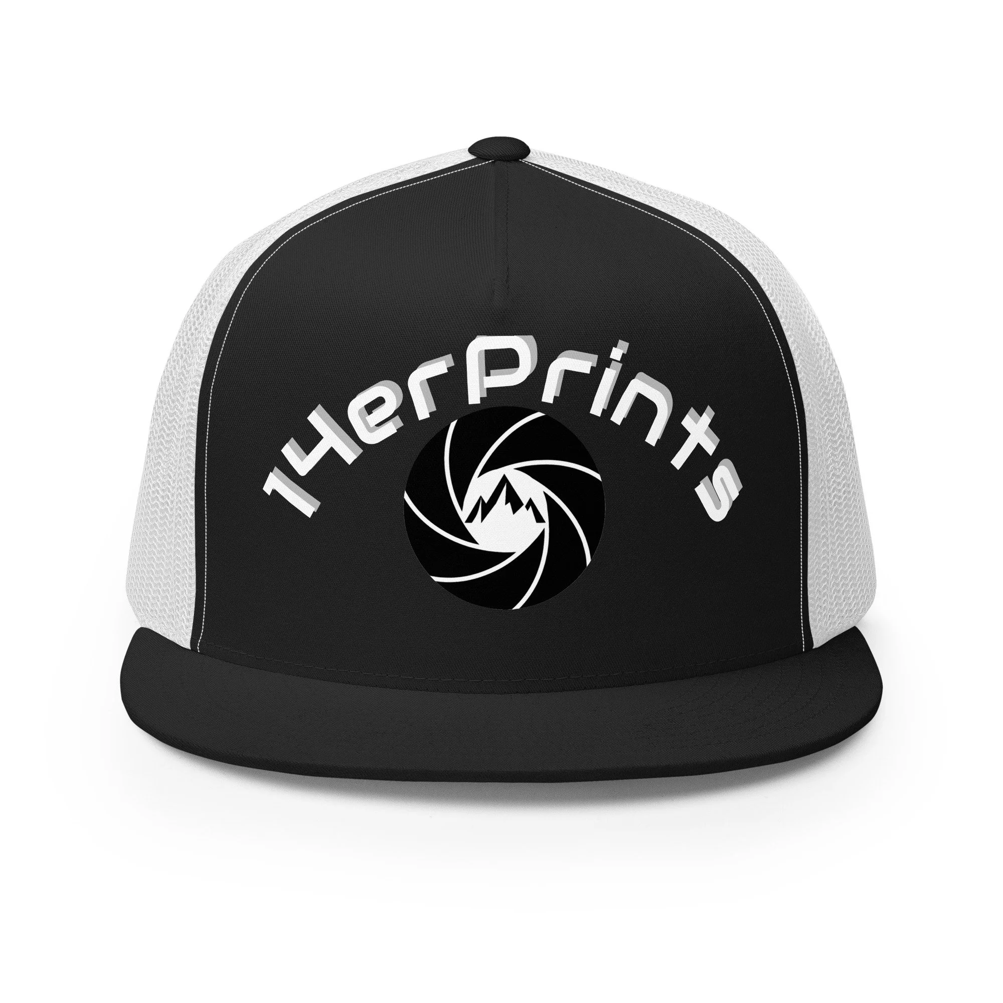 14erprints traditional trucker hat – black/ white front