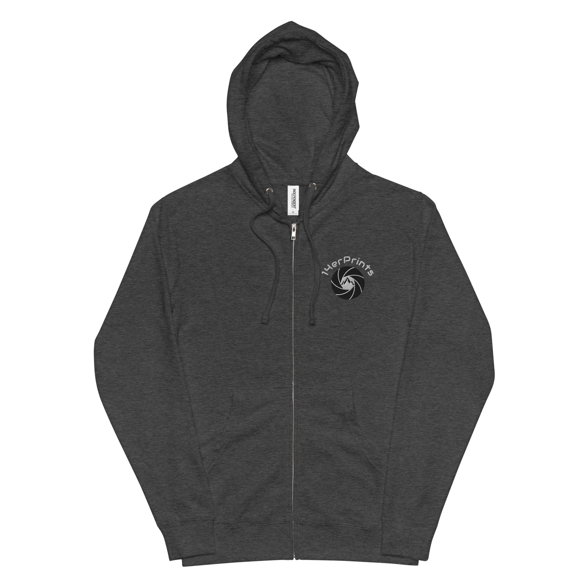 14erprints fleece zip up hoodie – charcoal heather front