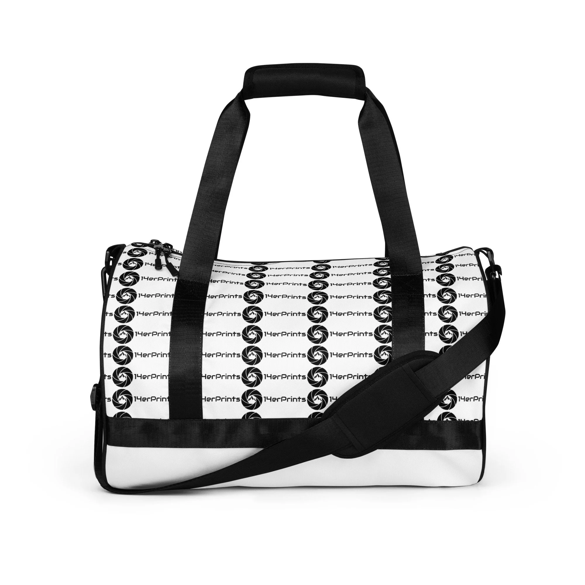 14erprints logo gym bag – white front view