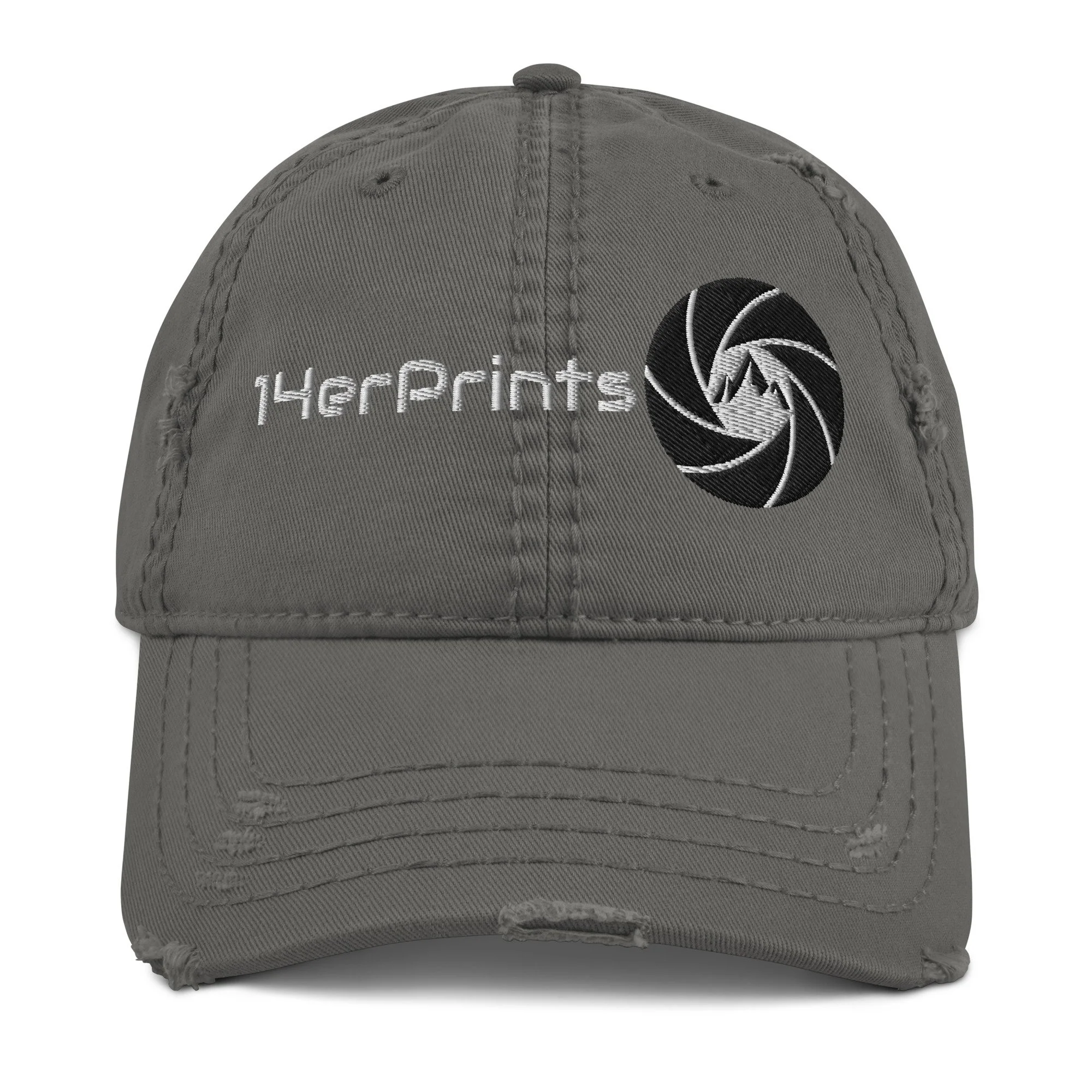 14erprints distressed dad hat – charcoal gray front