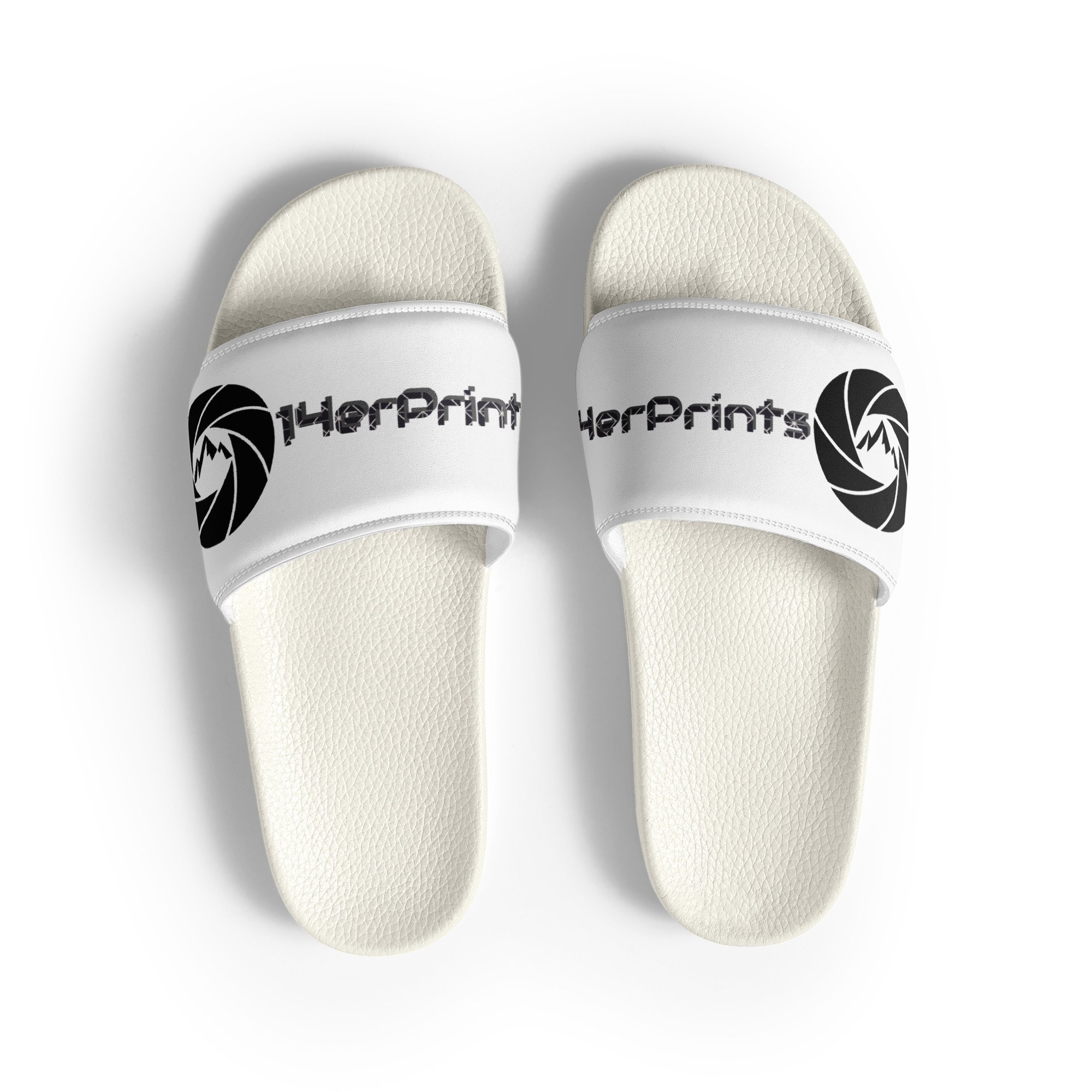 14erprints men's logo slides – white sole front up