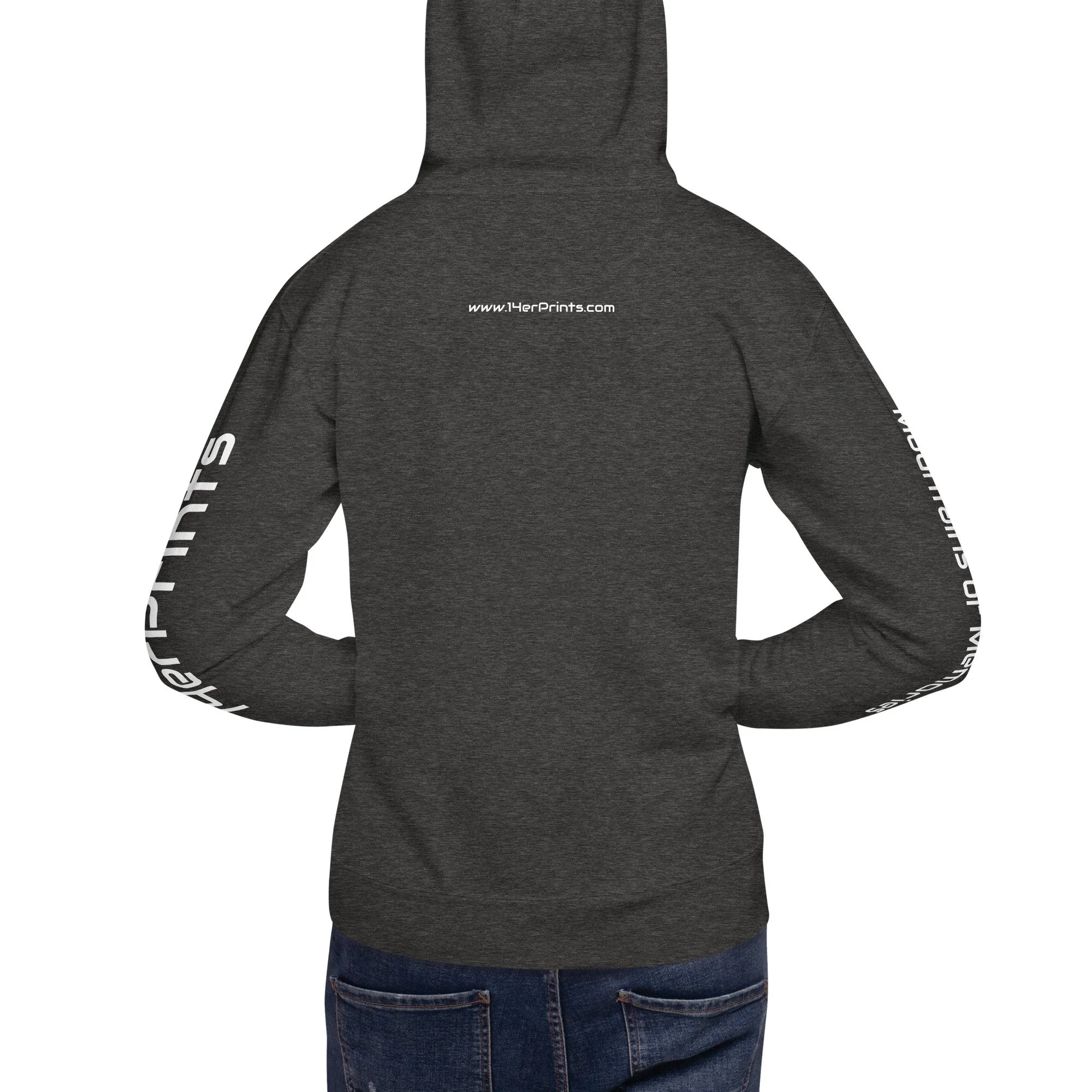 14erprints premium pullover hoodie – charcoal heather back view