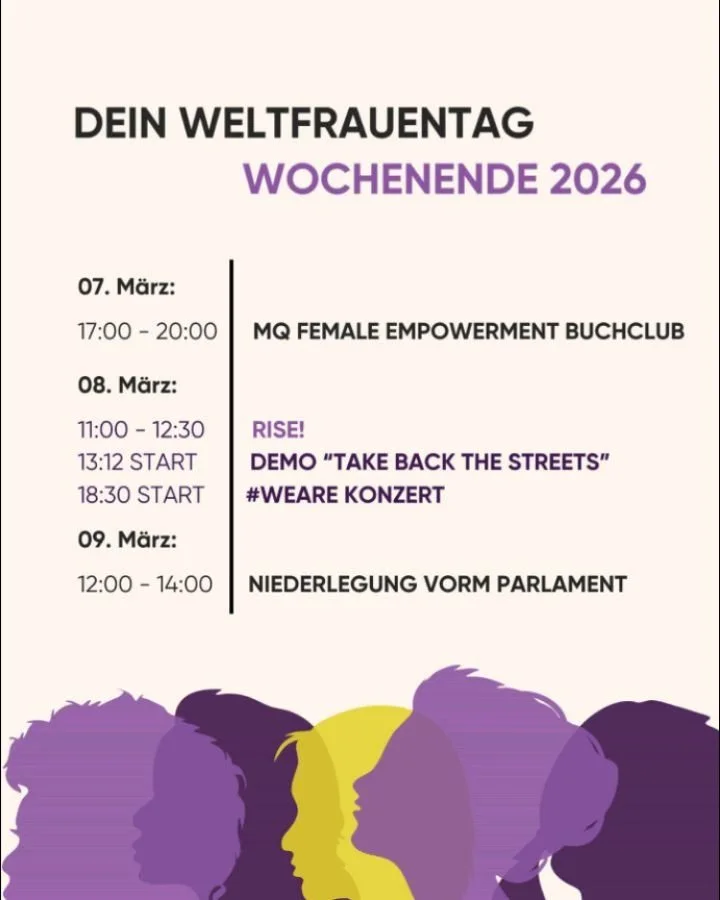 𝗗𝗲𝗶𝗻 𝗪𝗲𝗹𝘁𝗳𝗿𝗮𝘂𝗲𝗻𝘁𝗮𝗴-𝗪𝗼𝗰𝗵𝗲𝗻𝗲𝗻𝗱𝗲 2026

📅 07. M&auml;rz
17:00&ndash;20:00 Uhr
MQ Female Empowerment Buchclub
📍 MQ Libelle, Wien
Mit @lilianklebow_official &amp; @teresa_vogl | @hurra_wir_lesen_noch_bookclub

----

𝘜𝘯𝘴𝘦𝘳e