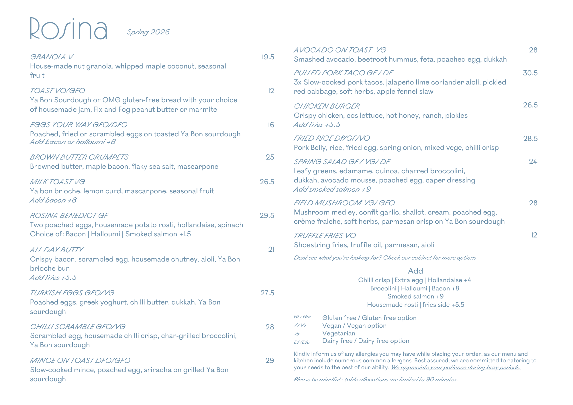 A menu page for a restaurant called Rosina showcasing various breakfast dishes with details and prices.