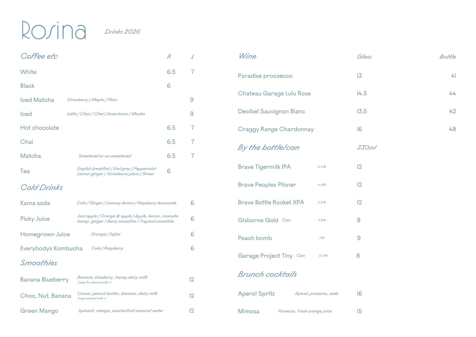 A menu showing various drinks, their prices, and categories including coffee, cold drinks, smoothies, wine, bottles, cans, and brunch cocktails.