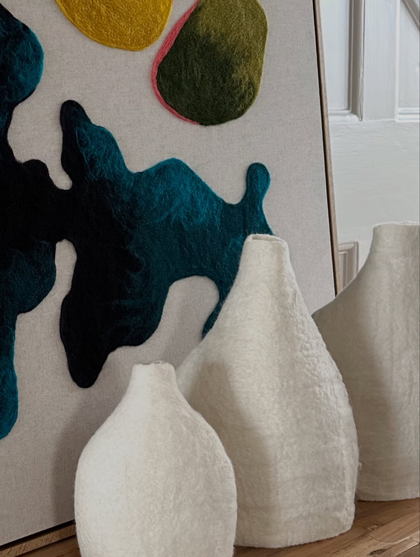 S C U L P T U R A L  V E S S E L S 
evoking ocean worn pebbles, rock pools &amp; coral forms

W A L L  A R T 
rich, layered compositions that capture a sense of the ocean

Taking a moment to enjoy the contrast between my hand-felted vessels &amp; my 
