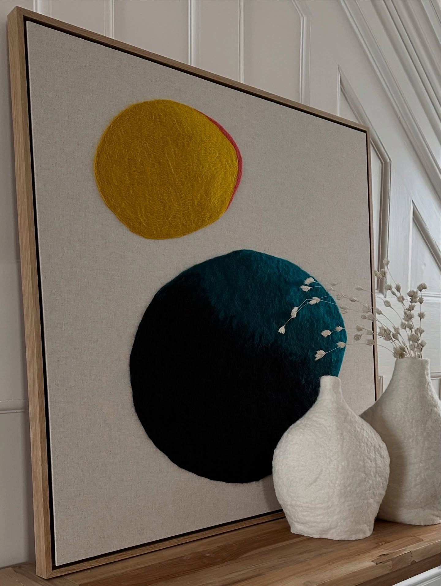 L O W  T I D E

&lsquo;Low Tide&rsquo; captures the moment when the sea draws away, revealing smooth ocean warm pebbles. 

100% merino wool fibres
Hand Needlefelt on linen
Oak framed 
80x80cm

Sitting with &lsquo;Flint &amp; Dune&rsquo; Coastal Forms