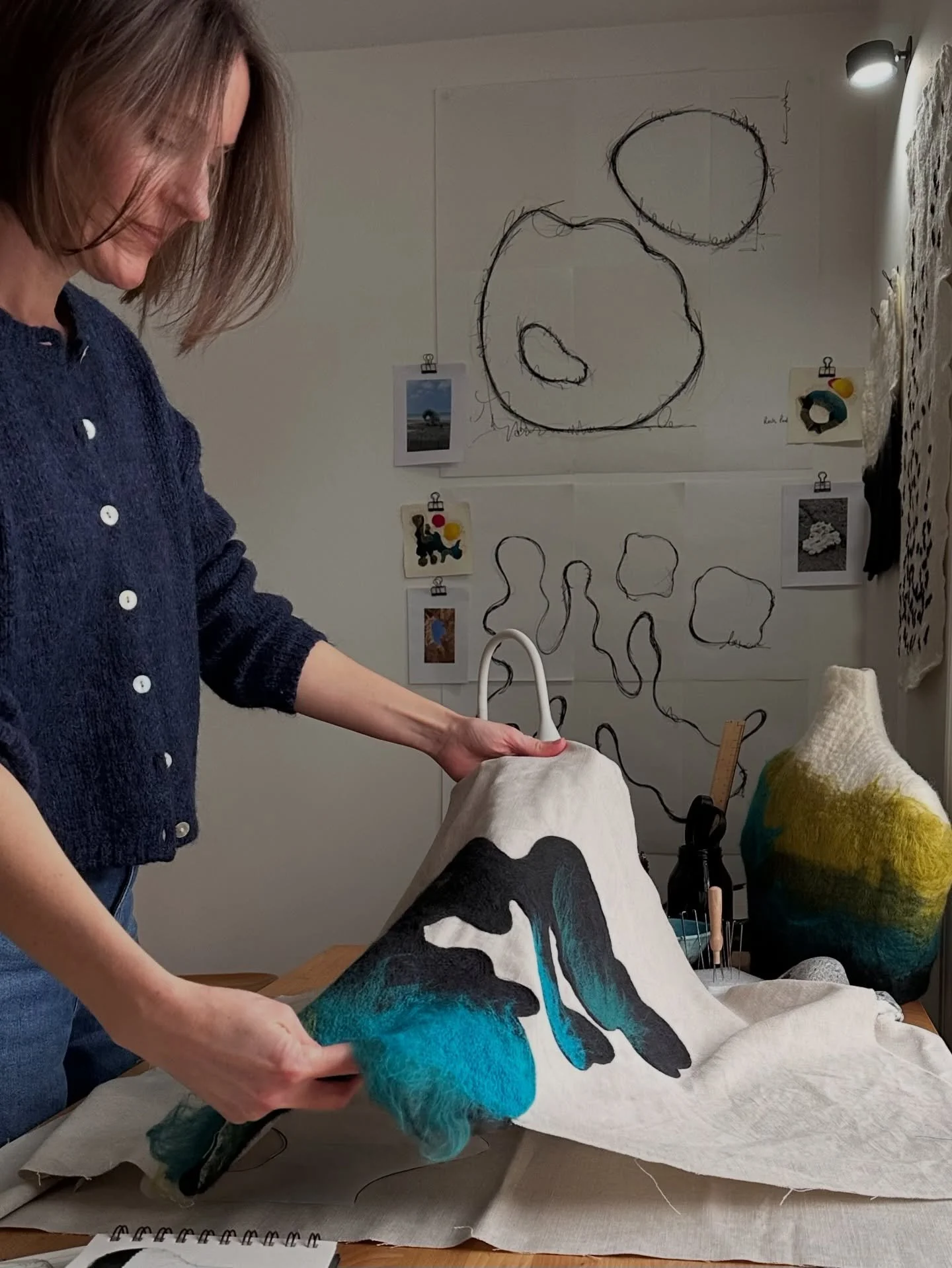 F I B R E  A R T

Merino wool needle felted onto linen &mdash; each piece layered slowly, intentionally, by hand. 

Inspired by distant shores, deep oceans &amp; tidal flow.
 Prussian blues, lichen greens, turquoise highlights.

Soon to be framed in 