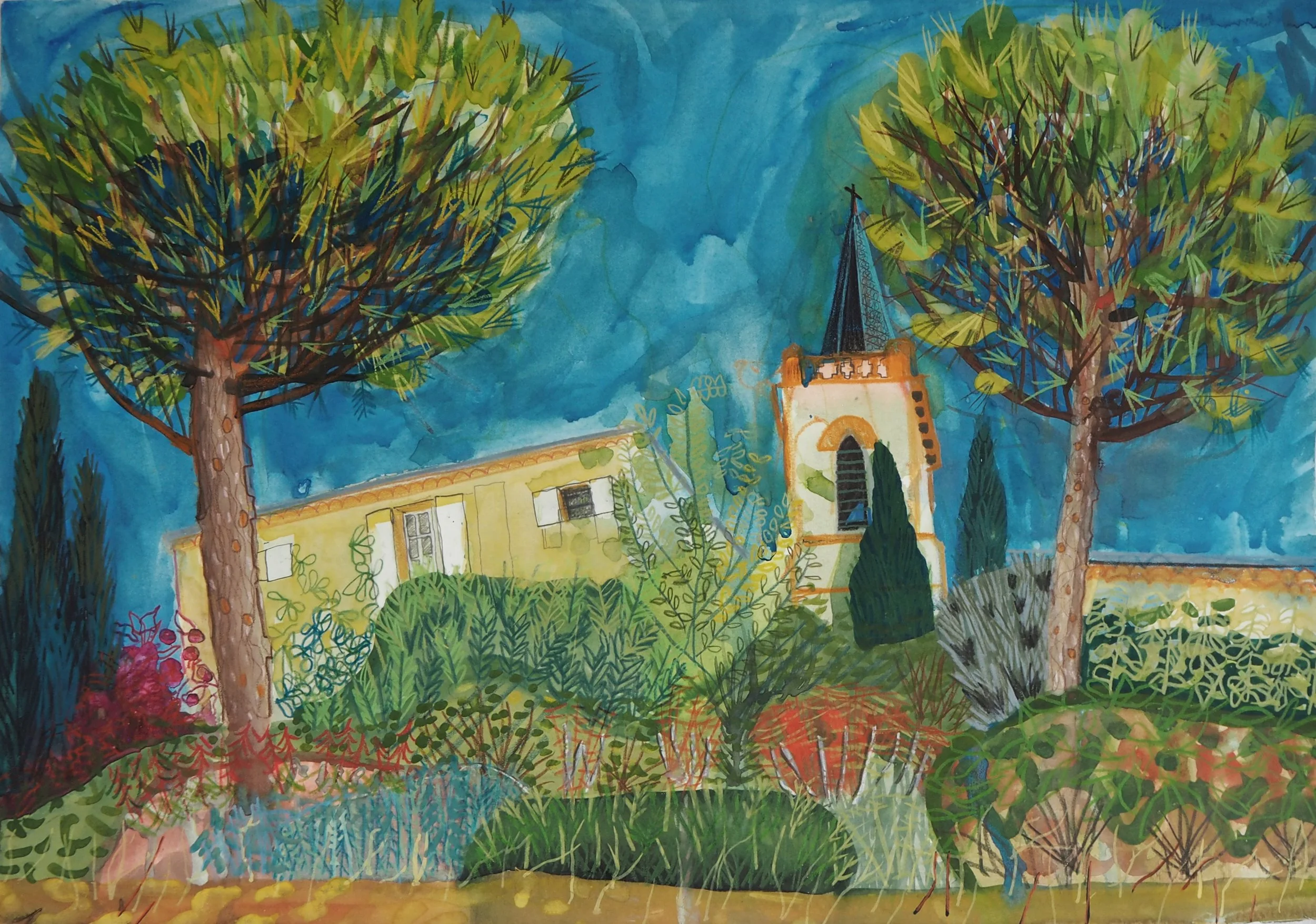 Cuq-en-Terrasses, Tarn, 2023, Gouache and Crayon, 350mm x 500mm [Available via Fosse Gallery]