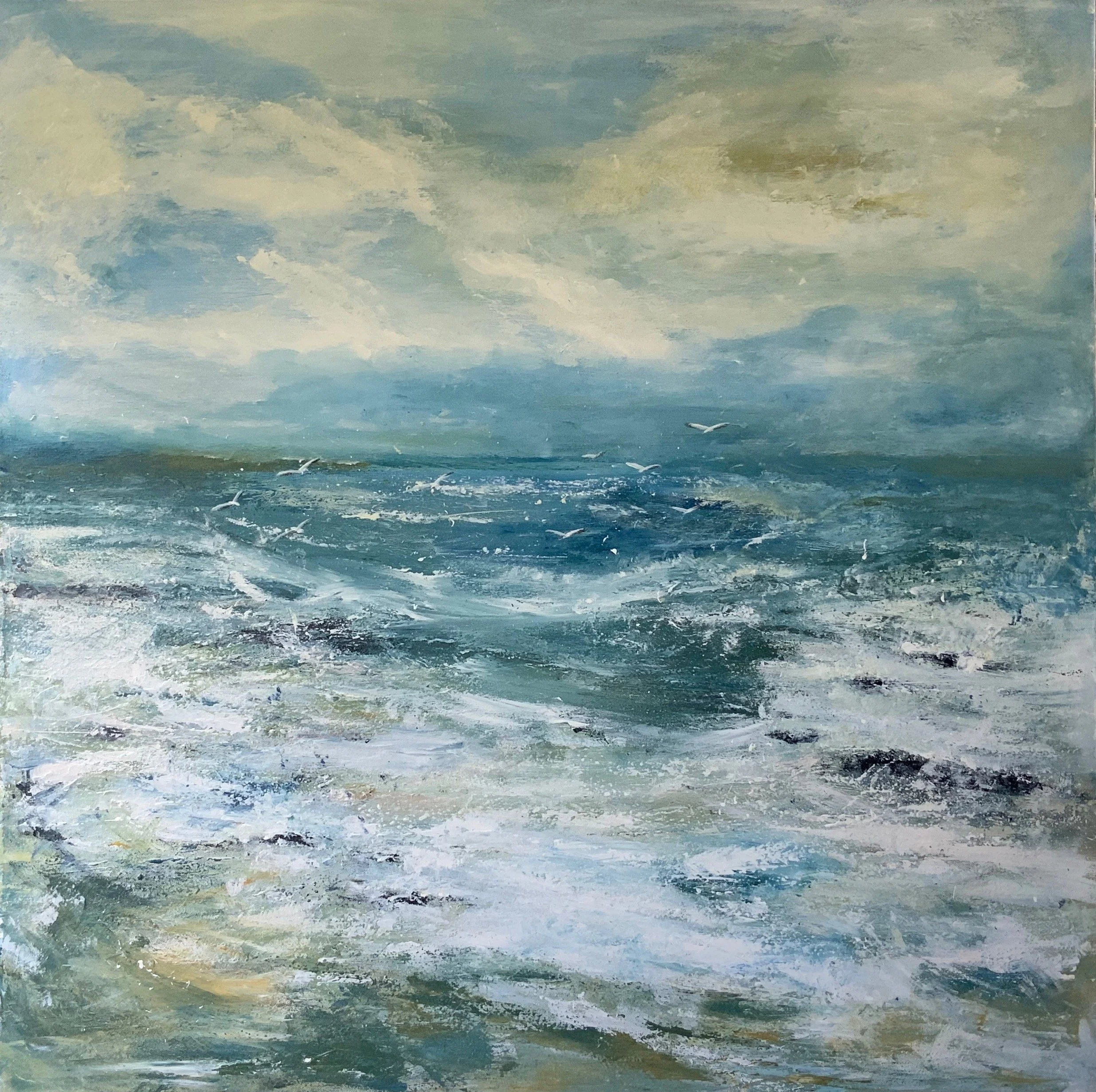 An abstract painting of sea, sky and clouds viewed from Baggy Point, North Devon