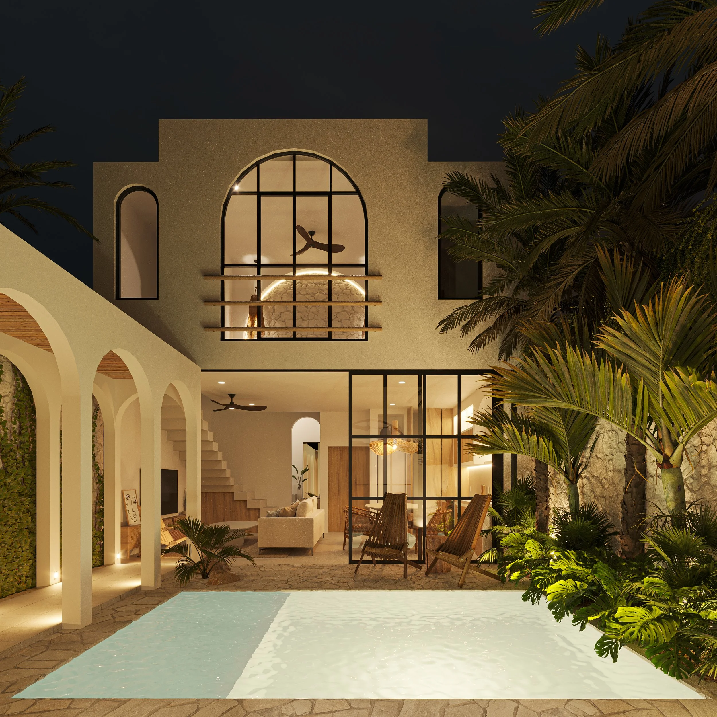 Alberca Privada y Area Social Noche - Cuatro Bacalar.jpg