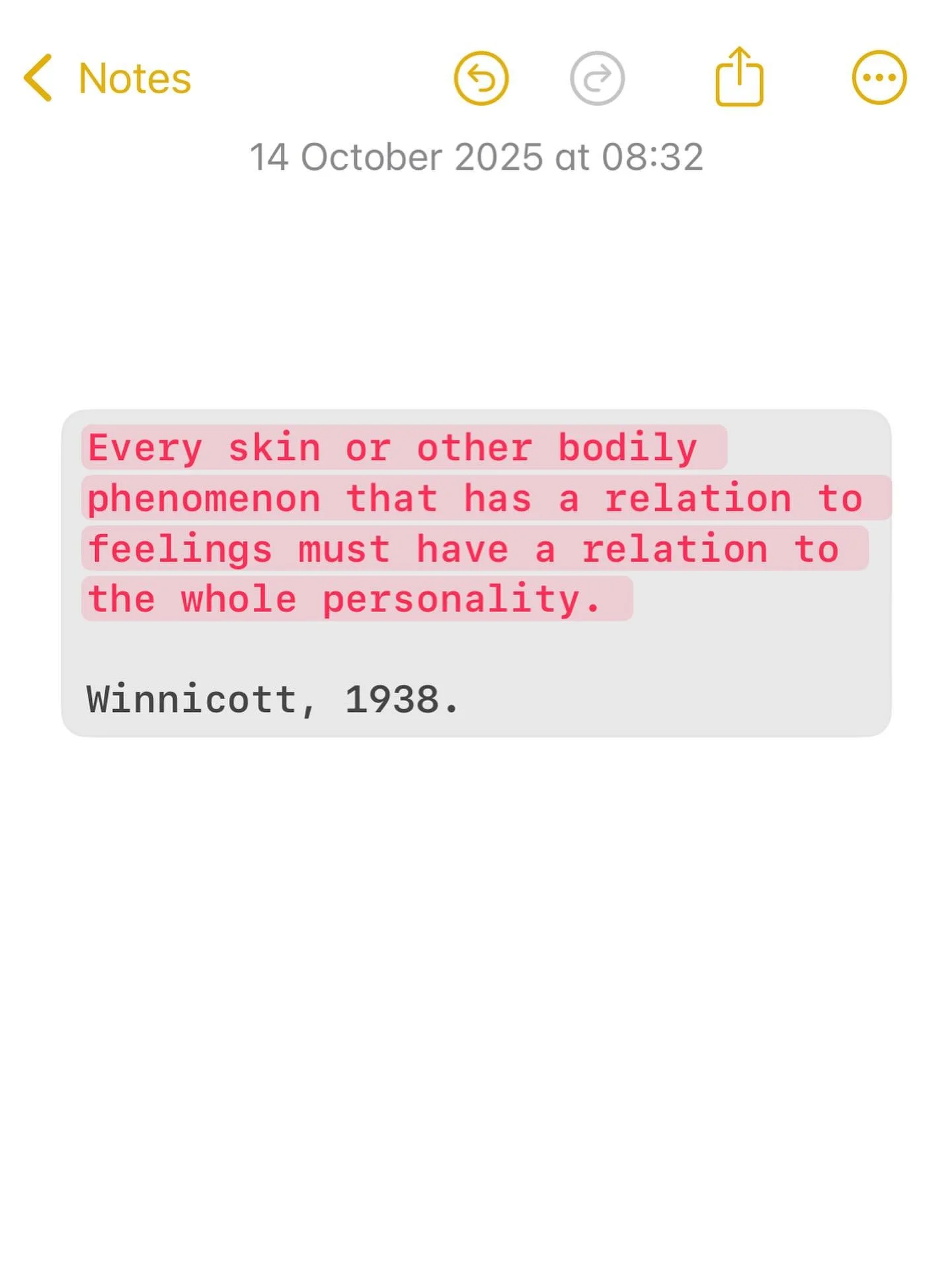Continuing the theme of the skin and the psyche, here I return to Winnicott, who was interested in how the infant uses bodily actions to express aggression and frustration. 
In his early writings, Winnicott talked about the skin as a boundary &ndash
