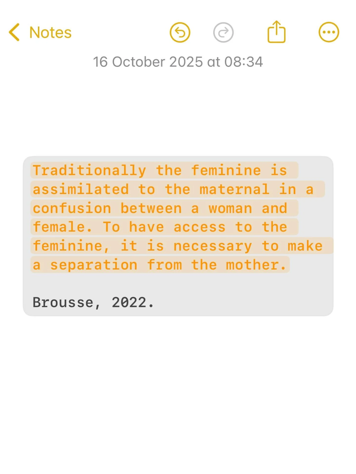 For Lacan, the feminine is a distinct mode of jouissance, of pleasure pain. It speaks to a non-phallic pleasure which is situated beyond the symbolic order of language and social law. 
This aligns with Freud’s aforementioned ‘dark contin