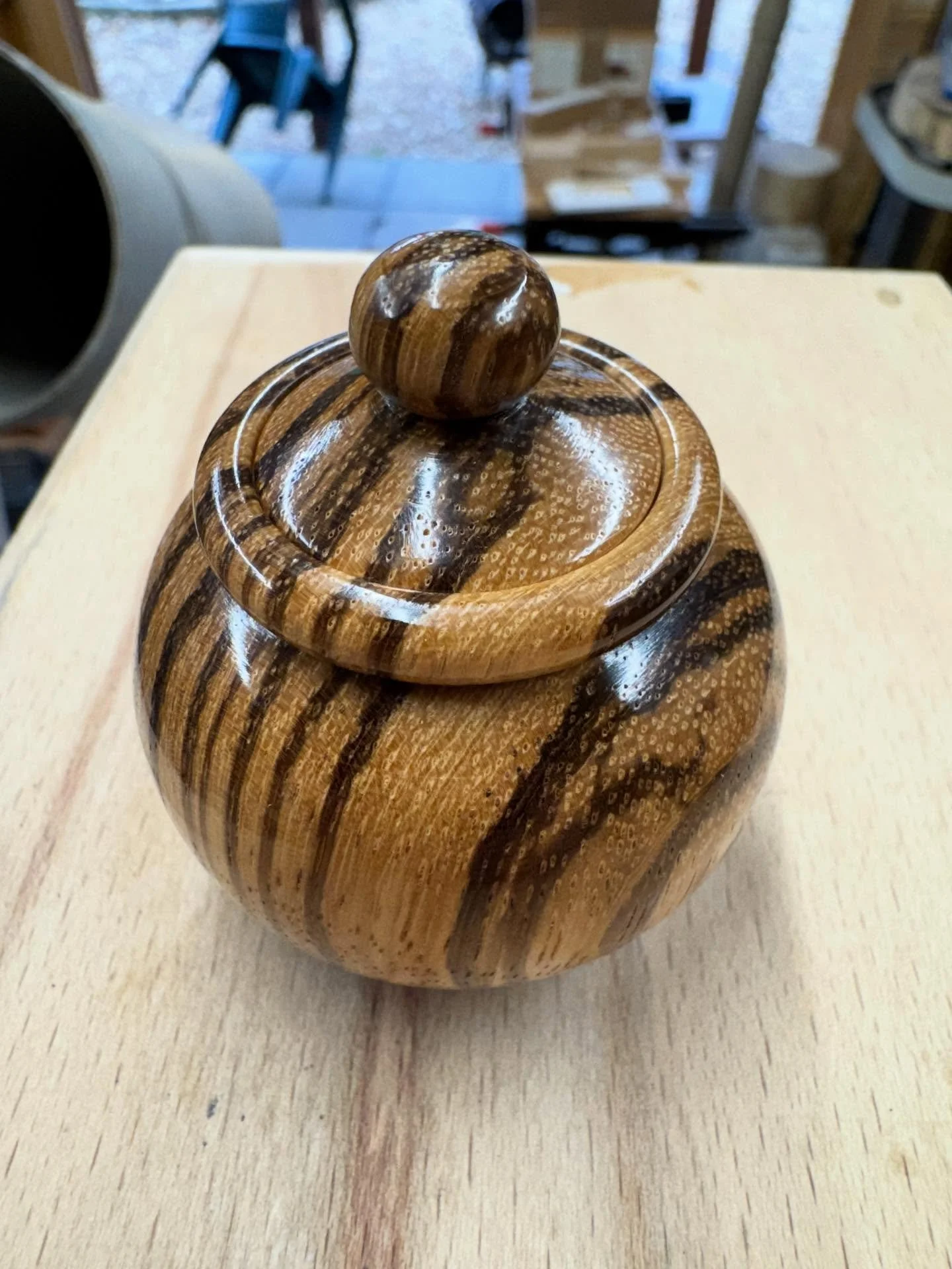 Another little hollow form lidded pot from yesterday&rsquo;s work, this time in Zebrano timber! I truly love this wood, it&rsquo;s so satisfying to discover where the stripes and layers lead during the shaping process. Also super satisfying that the 