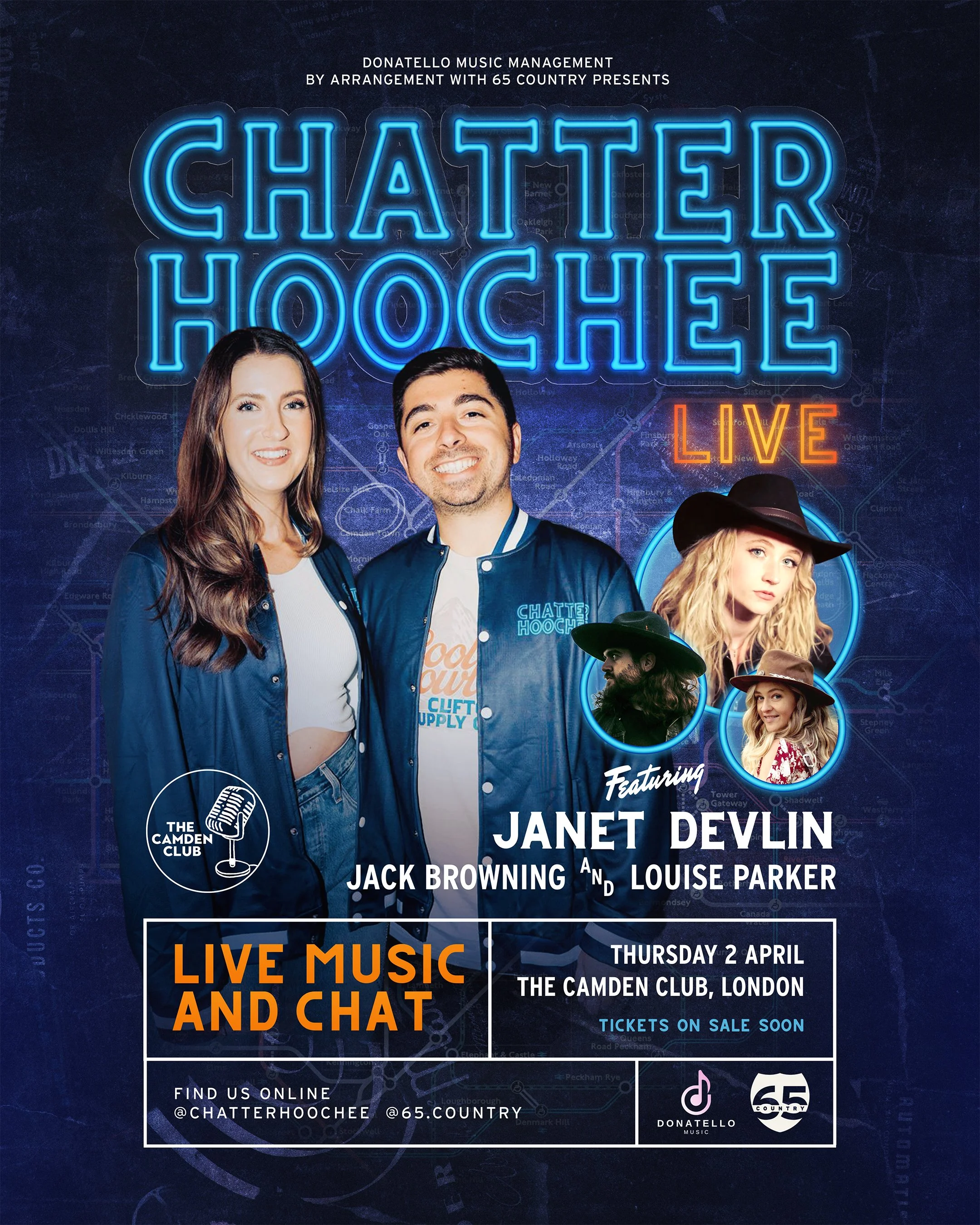 Poster for live music event titled 'Chatter Hoochee Live' with portraits of three women, including Janet Devlin, Jack Browning, and Louise Parker, scheduled for Thursday, April 2nd at The Camden Club in London, promoting tickets on sale soon.