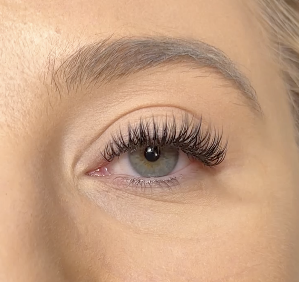 Close-up of a person's eye with thick eyebrow and long eyelashes.