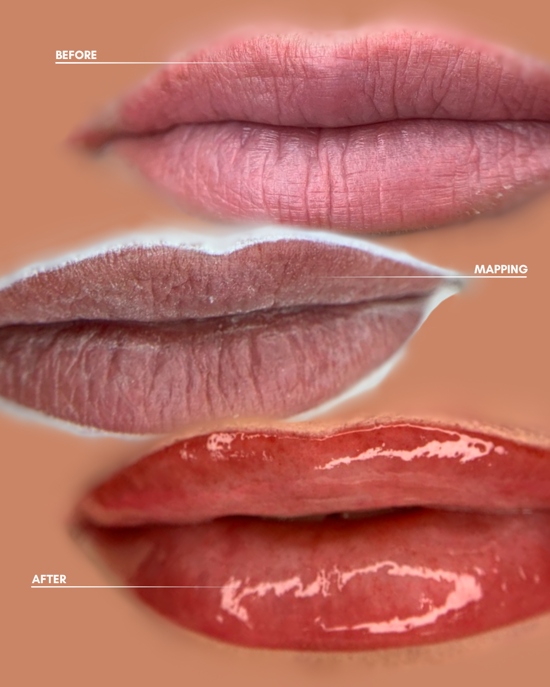 Close-up of lips, showing before and after lip gloss application. The top set of lips is natural, while the bottom set has shiny, glossy lip gloss applied.