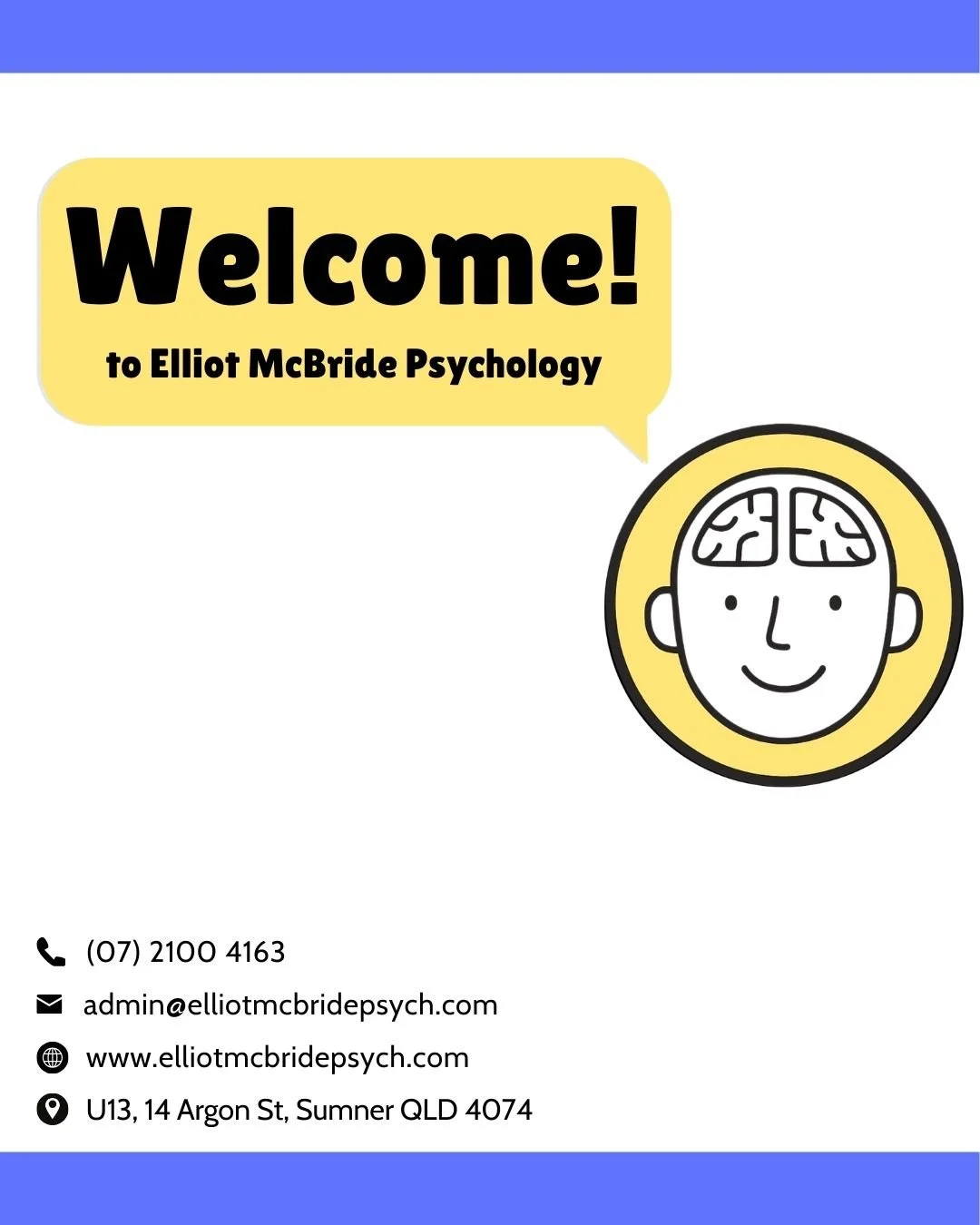 Welcome to Elliot McBride Psychology ☀️

Get in touch with us at admin@elliotmcbridepsych.com or visit our website at www.elliotmcbridepsych.com