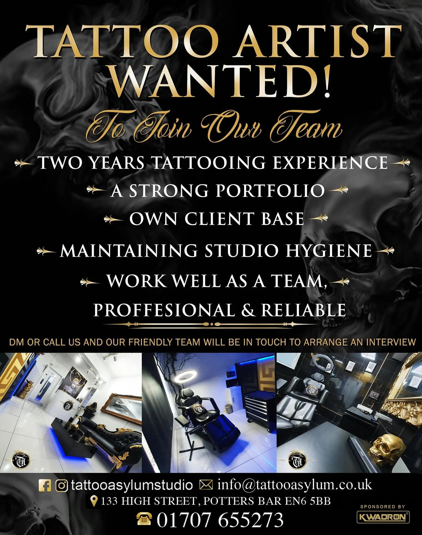 Exciting news!!! 👀

We are seeking a talented Tattoo Artist to join our friendly team in the heart of Potters Bar, conveniently located near local amenities and the train and bus stations.

The successful candidate will possess a minimum of two year