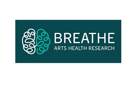 Green background Breathe Arts Health Research Logo with a drawing of a brain