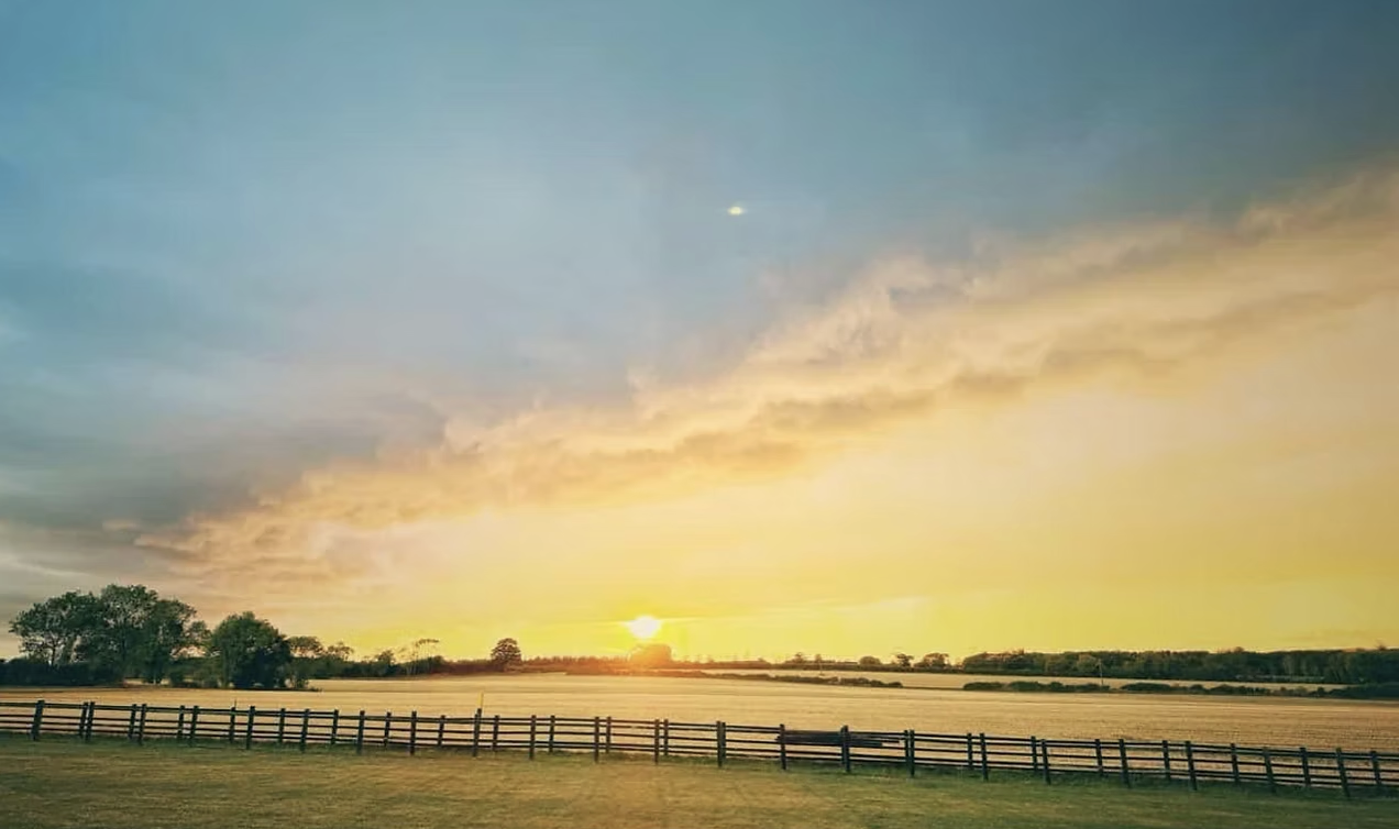 Sunset over a rural landscape with a wooden fence and trees in the background.