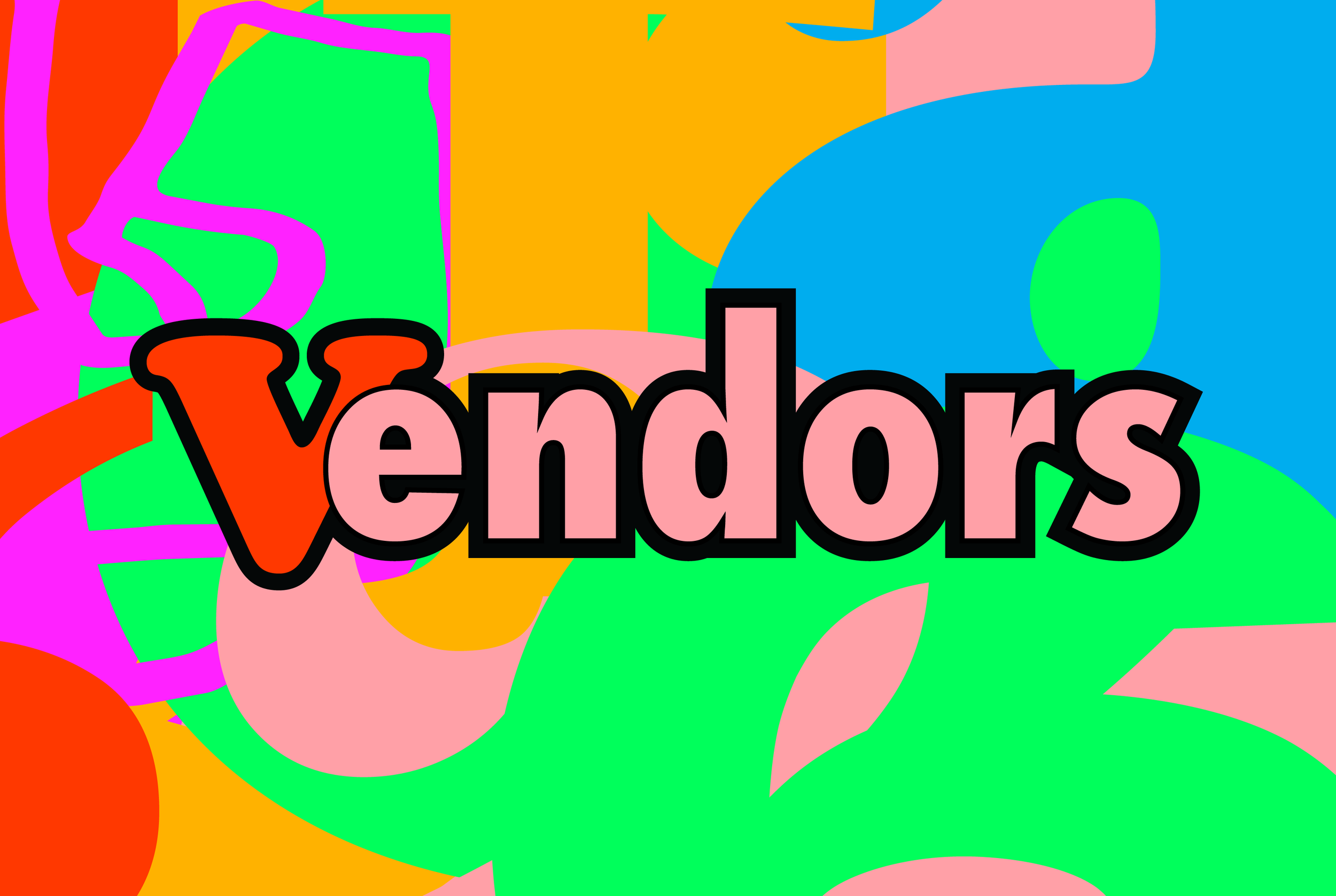 Colorful abstract art with the word 'VENDORS' in large black letters on a purple background.