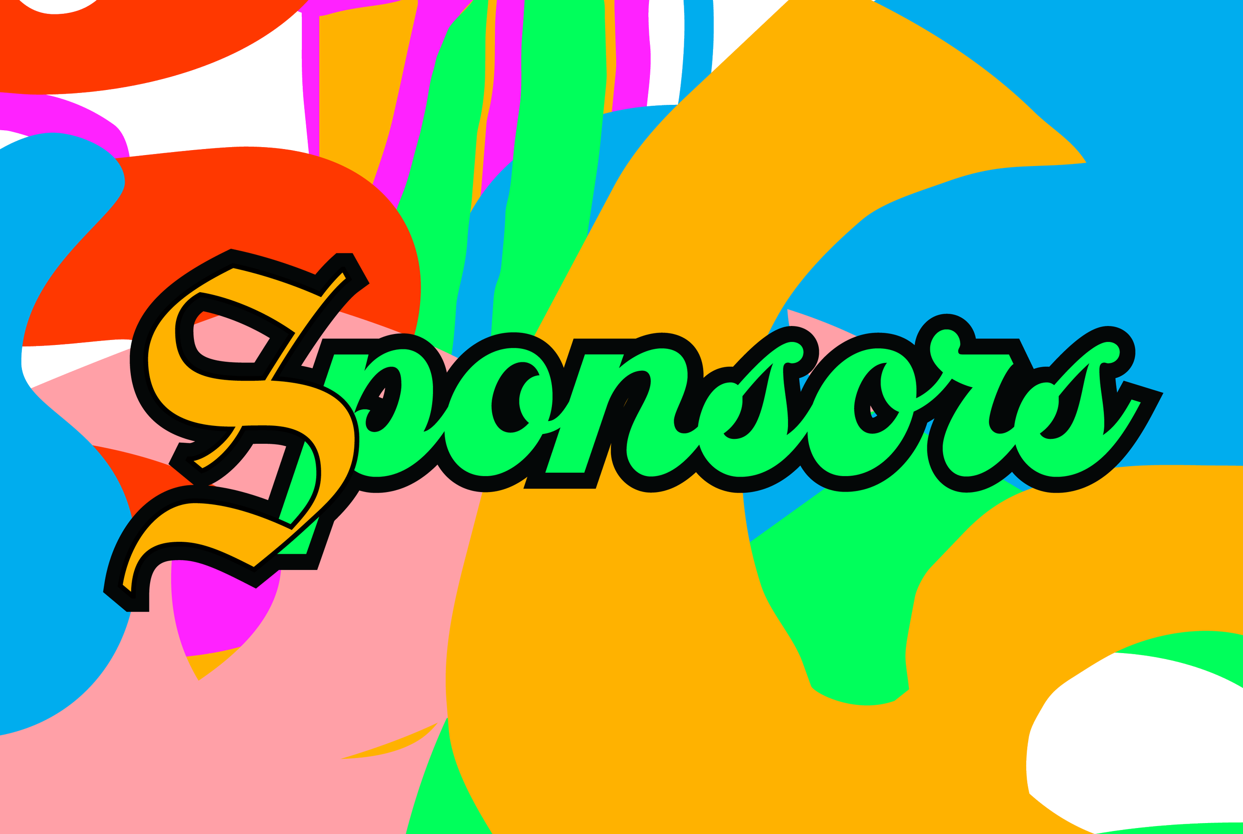 Colorful sign with the word "SPONSORS" in large orange letters on a light purple background, surrounded by vibrant sections of pink, blue, green, and orange.