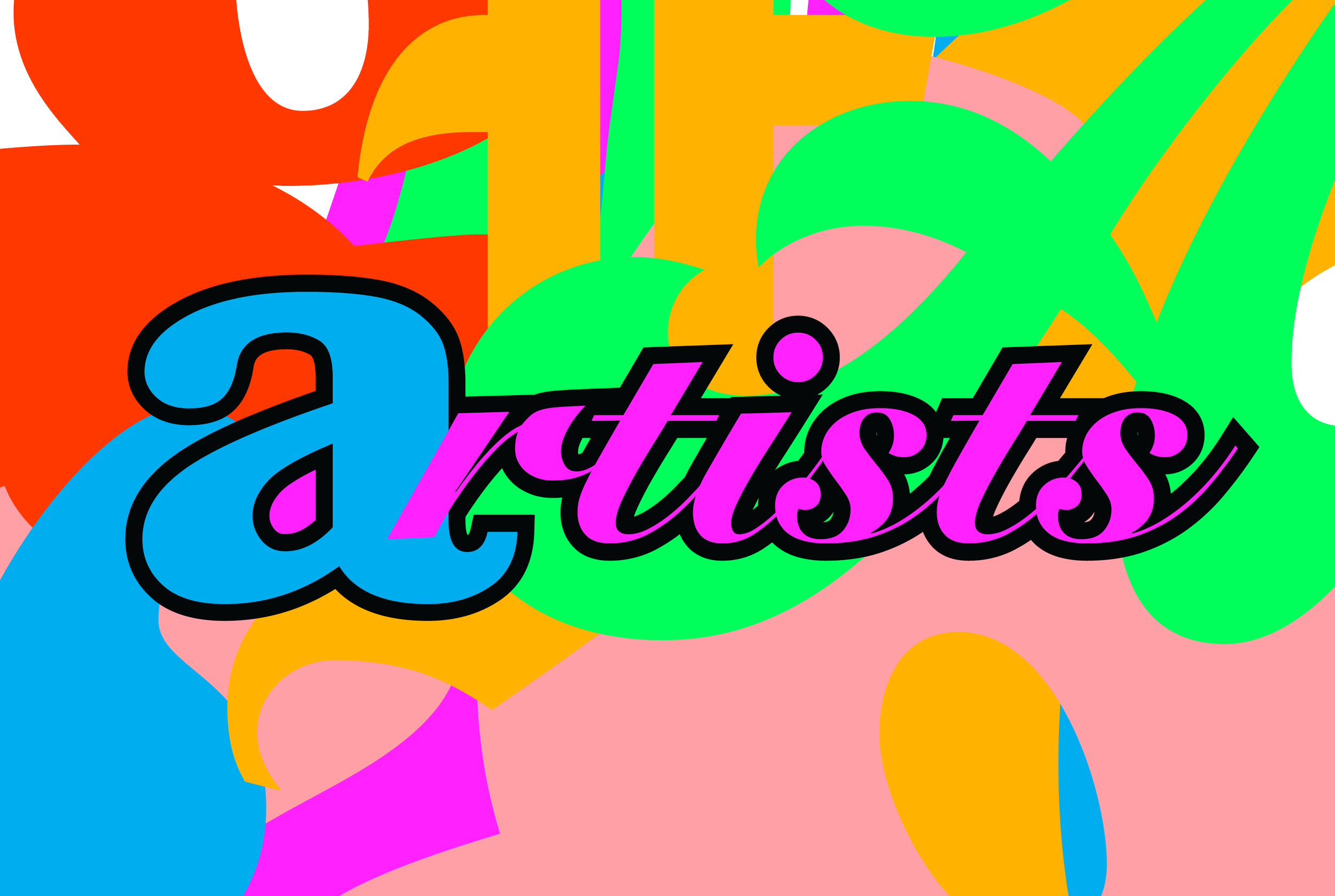 Colorful geometric background with the phrase 'ARTISTS' in bold orange letters on a yellow background.