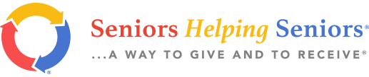 Seniors Helping Seniors logo with circular arrow design in red, yellow, and blue, and the slogan "A way to give and to receive."
