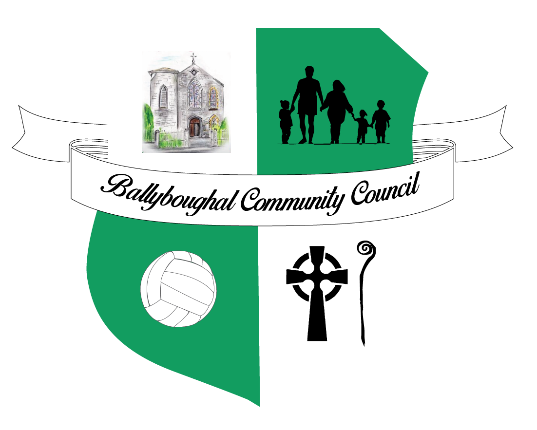 Emblem for Ballyboughal Community Council featuring a church, a family silhouette, a volleyball, a Celtic cross, and a shepherd's crook.