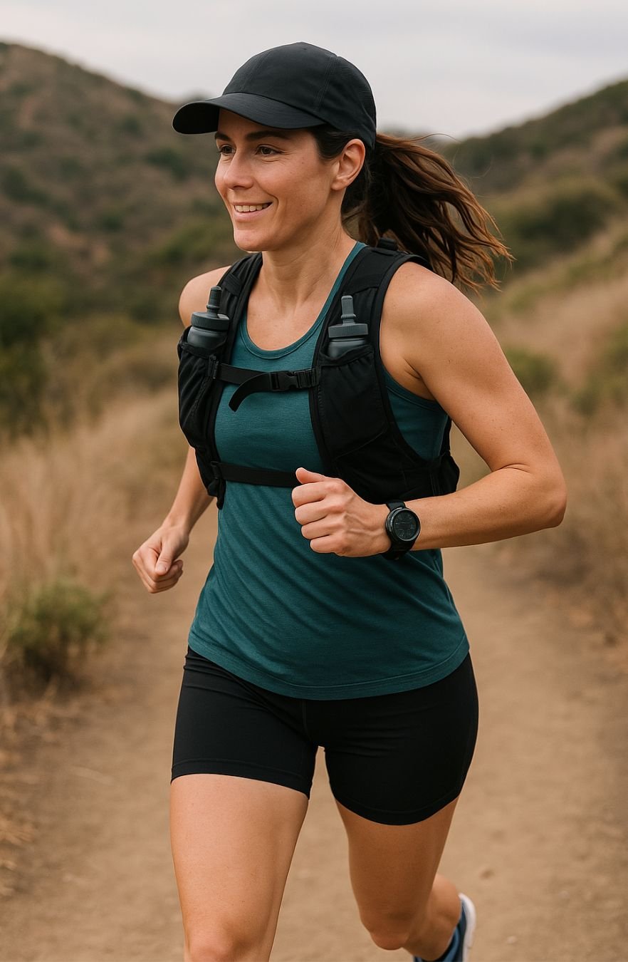 Perimenopausal runner on trail adapting training