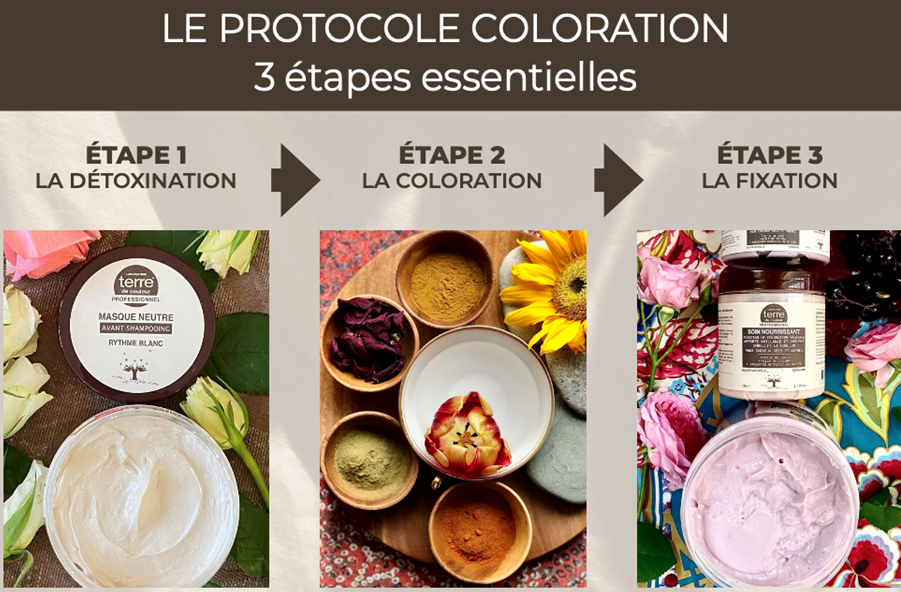 rotocole de coloration végétale en salon : détox capillaire, application personnalisée et soin fixateur pour une couleur durable et brillante.