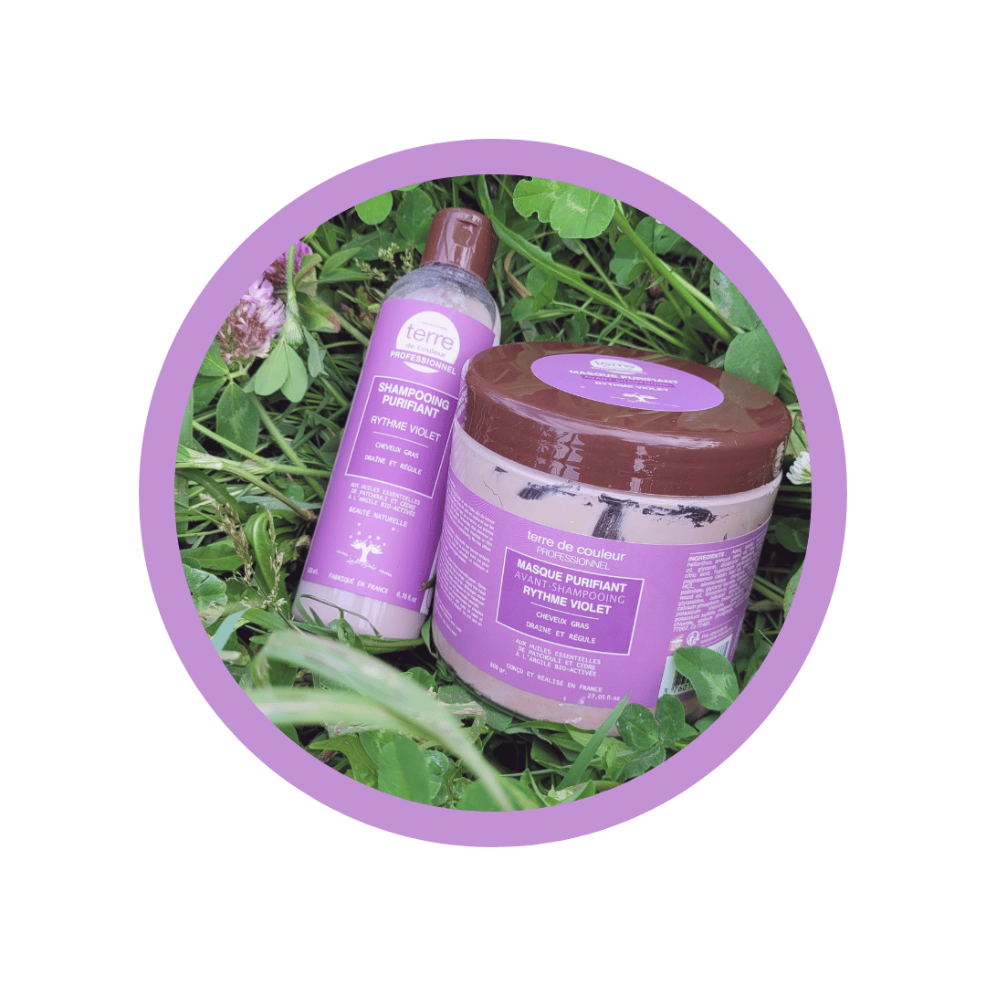 Soins rythmobiologiques - Violet : Purifie le cuir chevelu gras, régule la production de sébum et apporte du volume. Idéal pour les cheveux fins et les cuirs chevelus sujets à l'excès de sébum.