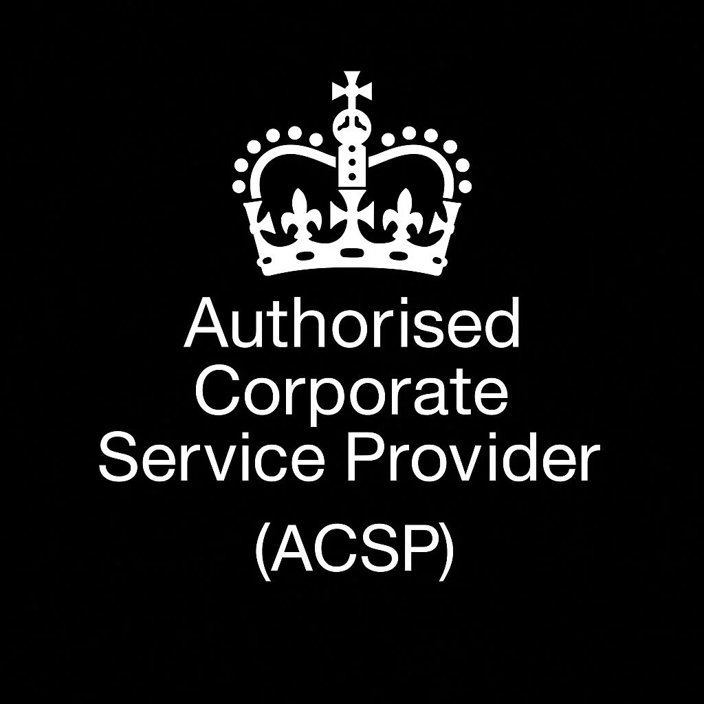 Black background with white text and a crown graphic reading "Authorised Corporate Service Provider (ACSP)."
