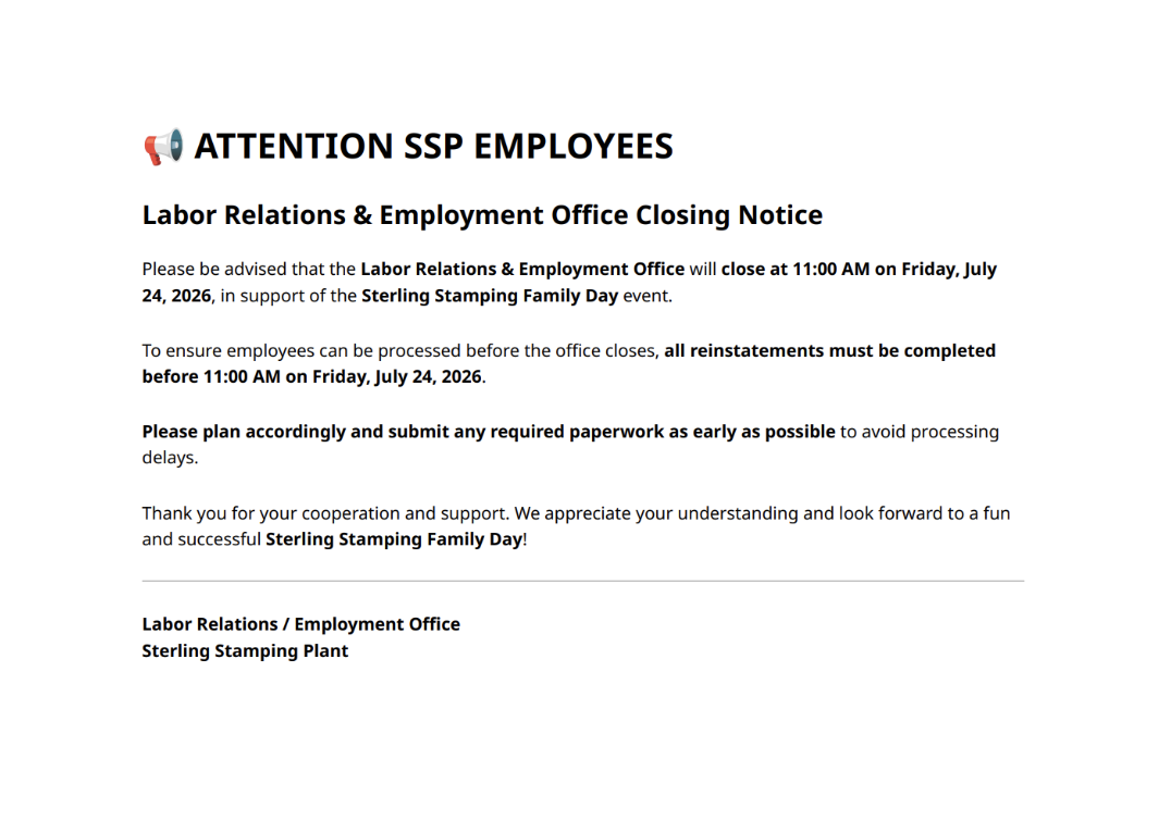 Labor Relations &amp; Employment Office Closing Early July 24