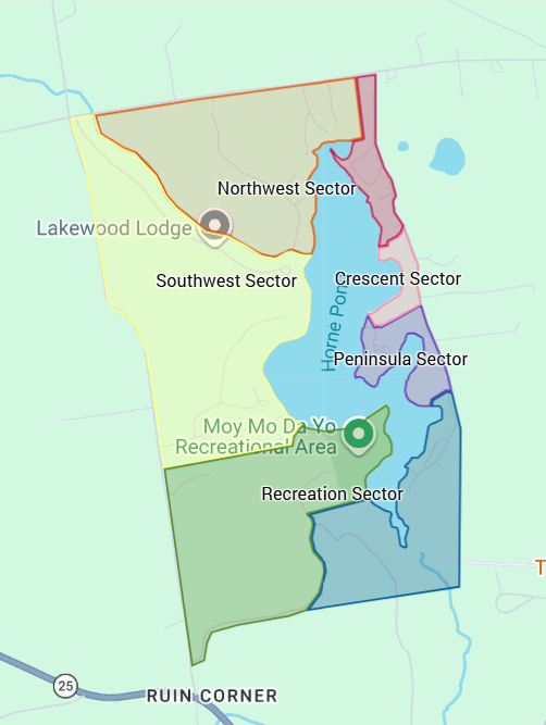 This is a digital version of the Sectors of Pequawket Lake based on the original map designed by the authors of the book, "From Horne Pond to Pequawket Lake: Fact, Folklore, and Camp Cuisine"
