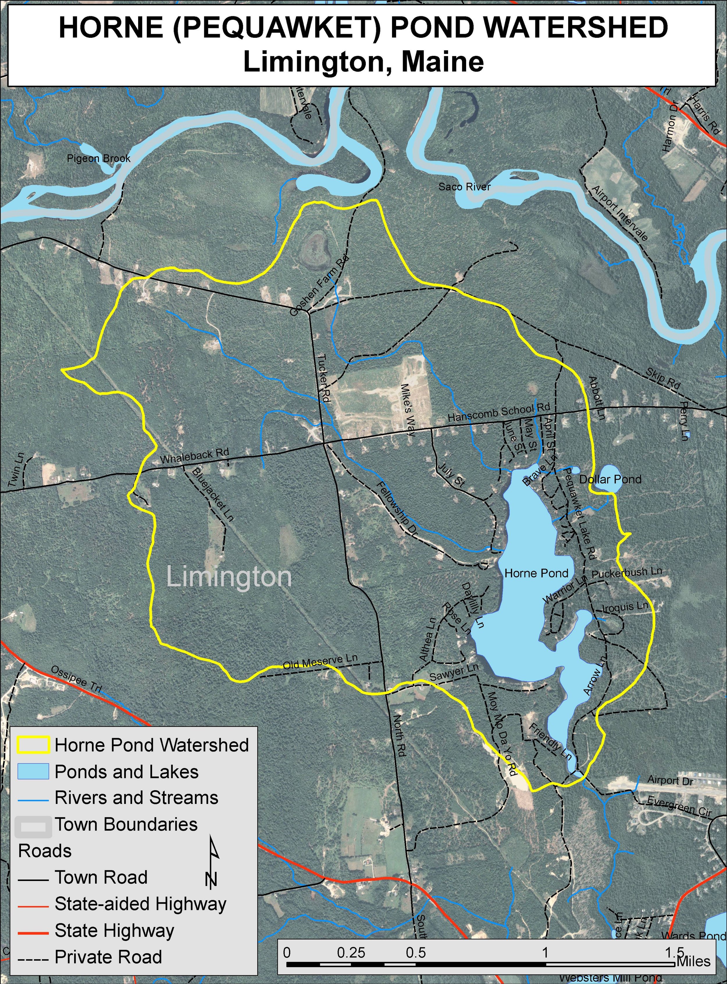 An overhead view of the larger watershed of Pequawket Lake.