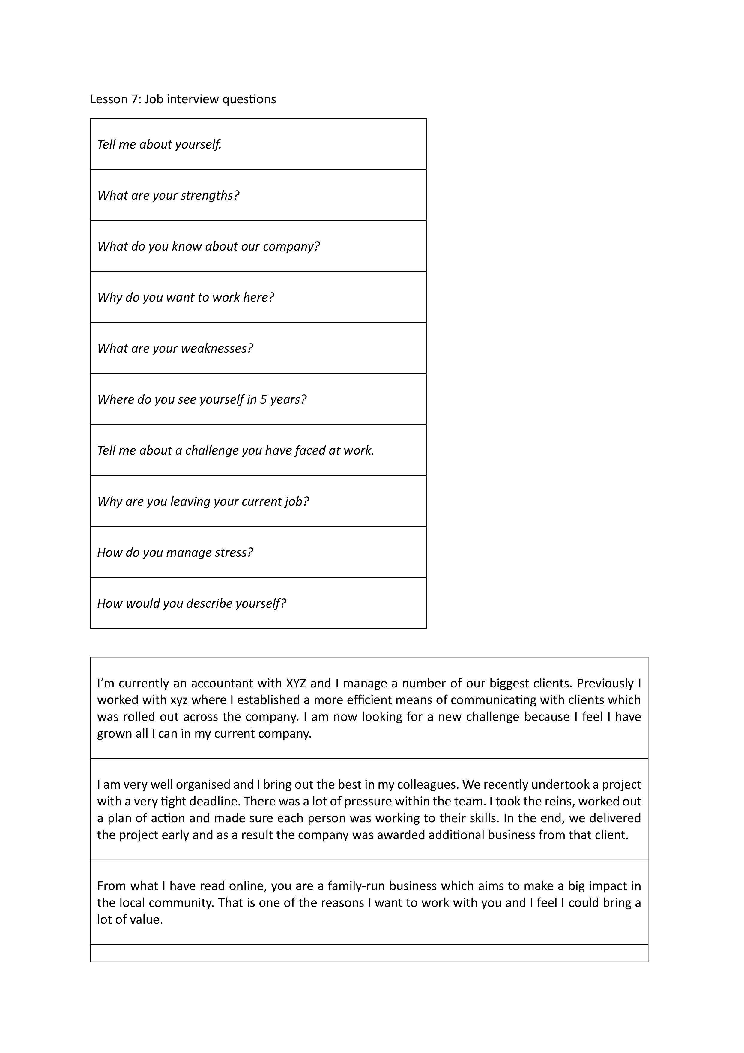 Please note that the job interview questions will need cutting up so they have one set per pair (or individually, depending on how Alla wants to set the activity up).