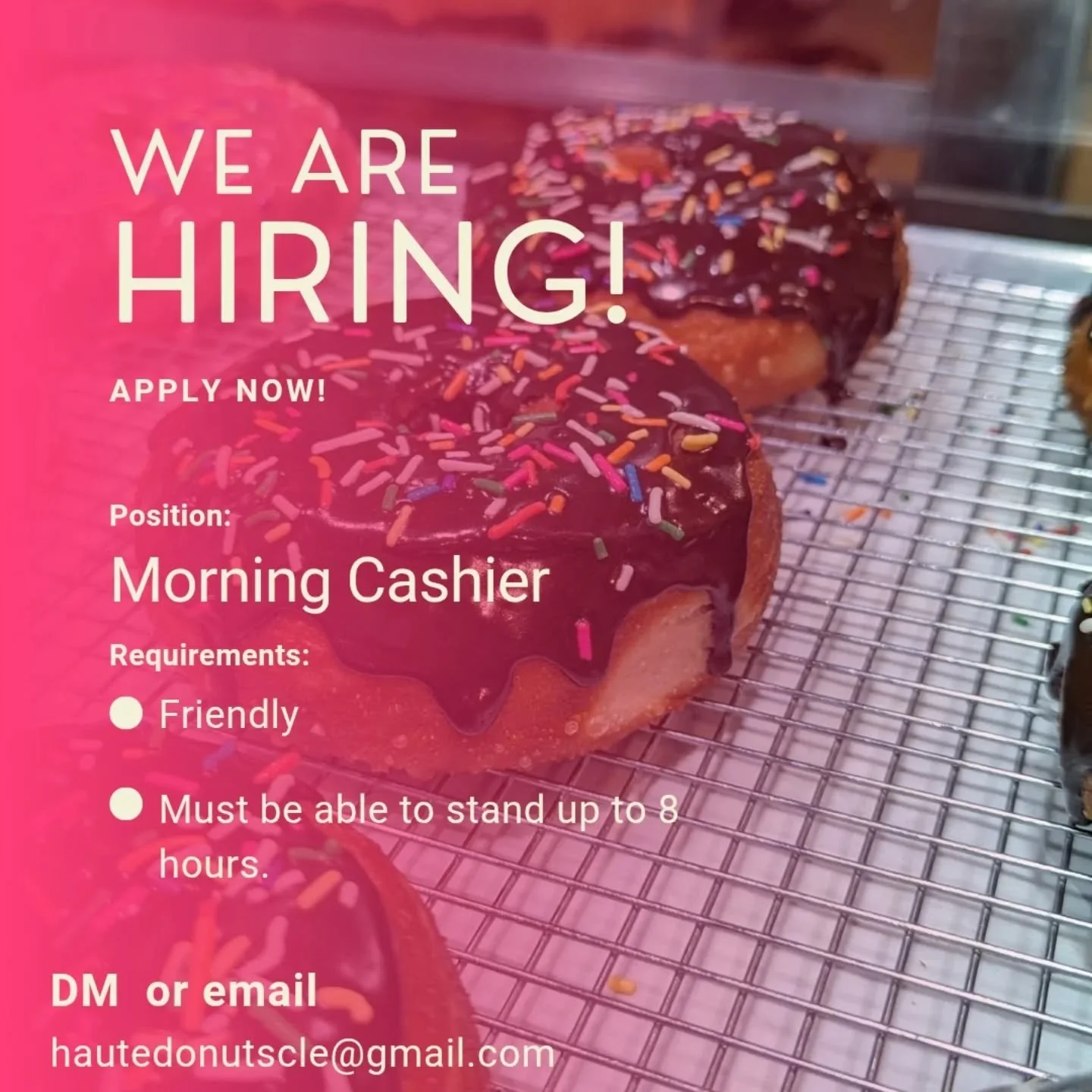 We are looking for a part time morning cashier to join our team. Send us a message or email us if you are interested!