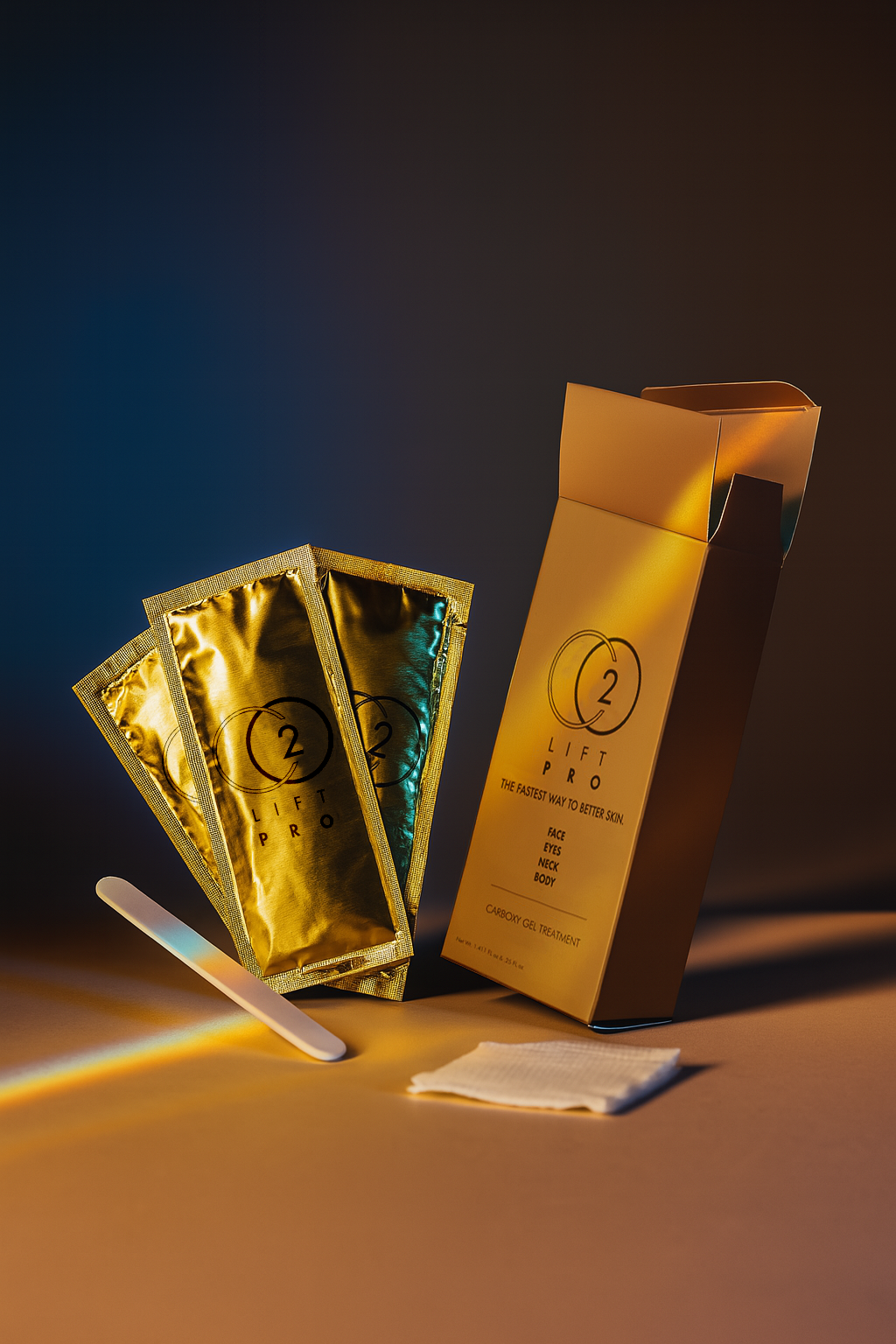 Box of CO2LLift Pro carboxy gel treatment sachets, three gold foil sachets fanned out, a spatula, and a small cloth, all on a smooth surface with warm lighting.