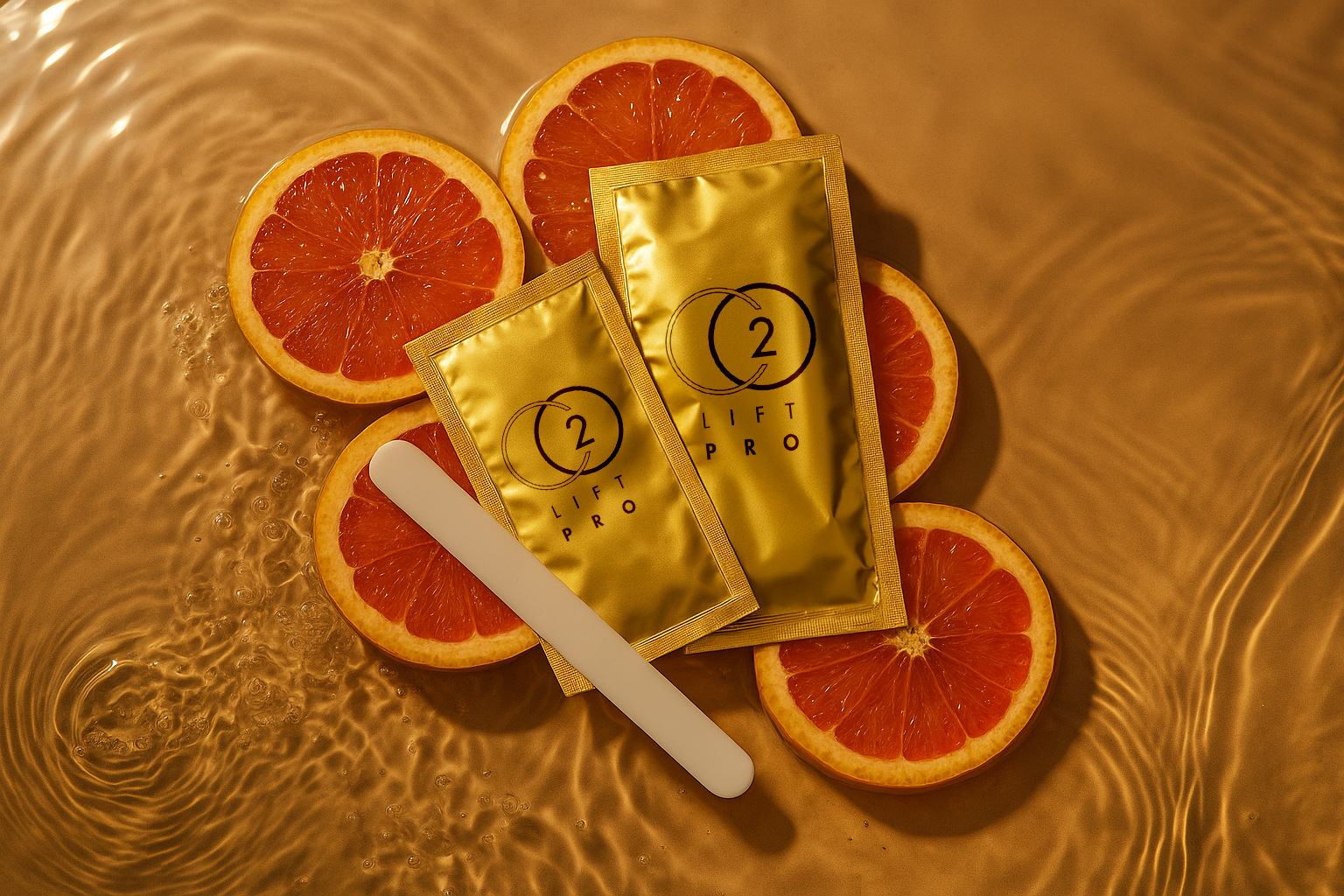 Sliced grapefruits with two gold-colored packets labeled 'Lift Pro' and a white applicator on top, all placed in a water-like golden surface.