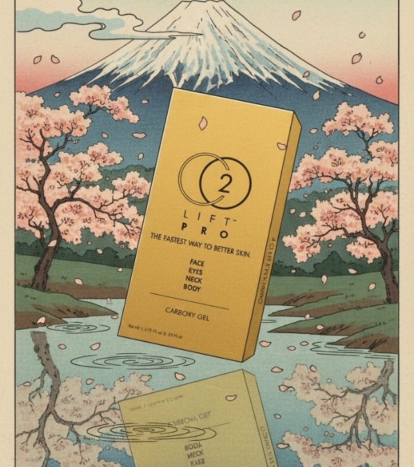 Packaging of 2 CO2Lift Pro skincare product with Mount Fuji and cherry blossoms in the background.