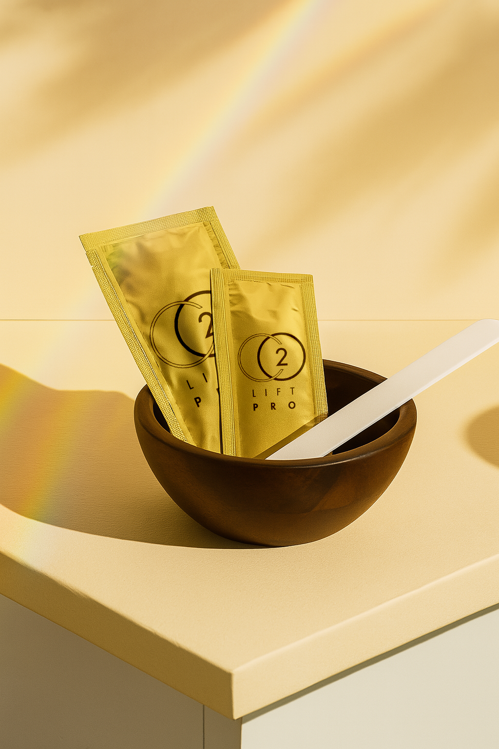 Two gold packet sachets labeled 'Lift Pro 2' in a dark brown bowl with a white spatula on a yellow surface.